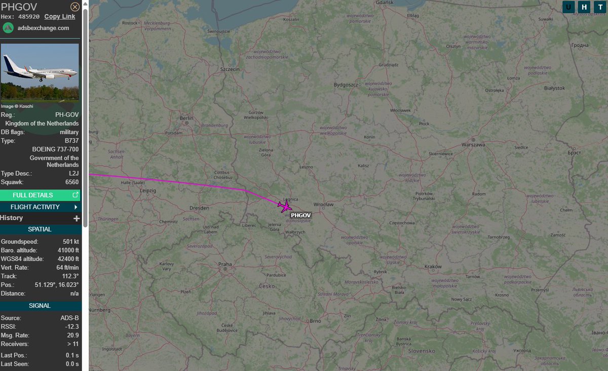 PolishMilRadar's tweet photo. ⌚️04.07.2025 11:00LT
🇳🇱Rząd Holandii
✈️Boeing 737-700(WL) BBJ "PH-GOV"
#PHGOV na wysokości FL410
🛫Amsterdam #EHAM
🛬Katowice #EPKT
🔗https://t.co/MAYZoGxgfi
#POLMILRADAR https://t.co/B701pFX166