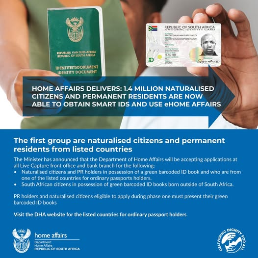The Department of Home Affairs is proud to roll out Smart ID Cards for naturalised South African citizens and permanent residents!
📷 Phase 1 will be limited to applicants from listed countries.
📷 Get full details here: zurl.co/ayoQO 

#SmartIDCard #DHA #GovZAUpdates