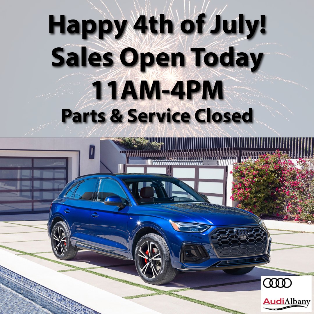 AudiAlbany's tweet photo. Happy 4th of July! 🎆 Wishing you a safe and joyful day of celebration. Our sales team is here for you today from 11 AM to 4 PM!

#happyfourthofjuly #fourthofjuly #julyfourth #audi #albany #ny https://t.co/02gw6RZQo5
