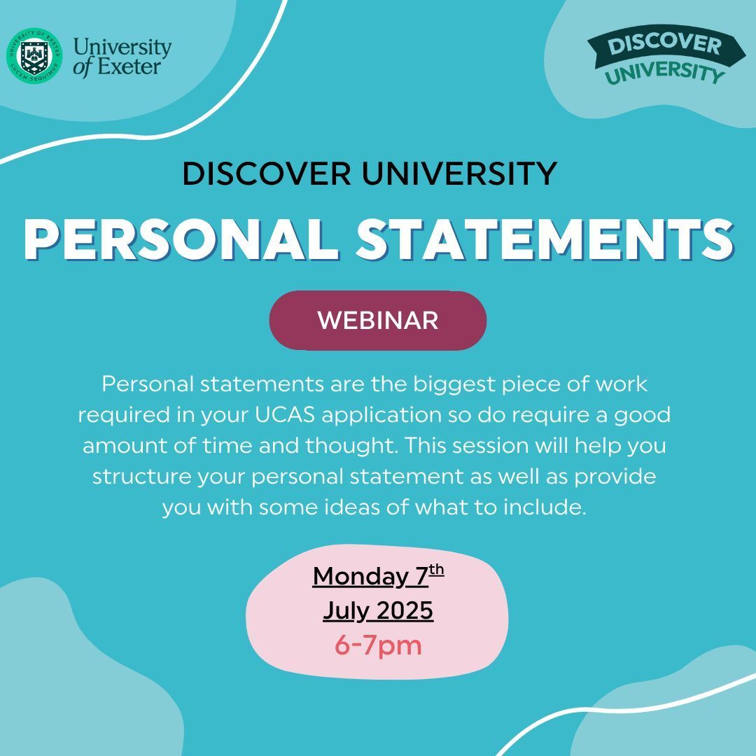 Check out @uniofexeter upcoming webinar in the 'Discover University' series, covering personal statements. Follow the link below to see the Discover University platform and get booked on to the upcoming sessions.
nextstepssw.ac.uk/events-and-act…
#fairerfutures #highereducation #university
