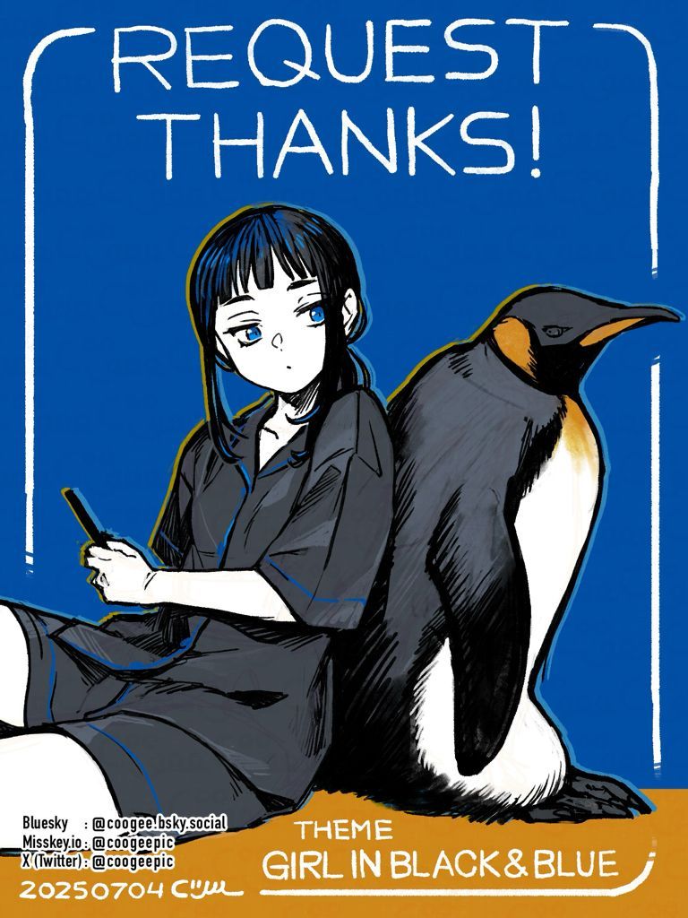 黒、青、女の子がお題のイラストを描きました。🐧💬