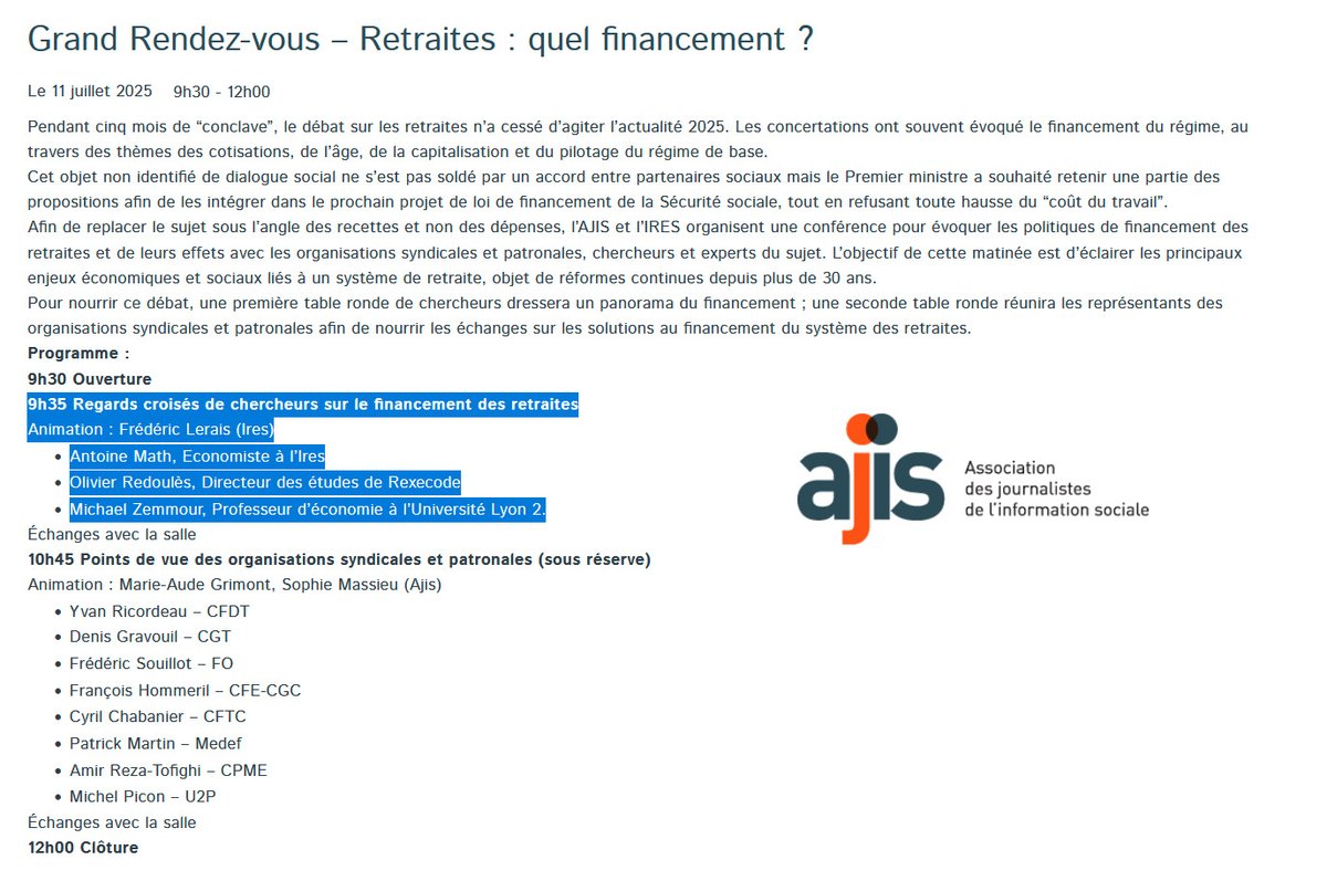 Rexecode (@rexecode) on Twitter photo 🗓️11/07/25 #France #Retraites: quel #financement ?
<a href="/od2ole/">Olivier Redoules</a> <a href="/Rexecode/">Rexecode</a> en débattra avec
Antoine Math <a href="/IresFr/">IRES</a> et <a href="/ZemmourMichael/">Michael Zemmour</a>
Un événement <a href="/assoajis/">AJIS ➡️ @assoajis.bsky.social</a>
ajis.asso.fr/evenement/gran… 🗓️11/07/25 #France #Retraites: quel #financement ?
<a href="/od2ole/">Olivier Redoules</a> <a href="/Rexecode/">Rexecode</a> en débattra avec
Antoine Math <a href="/IresFr/">IRES</a> et <a href="/ZemmourMichael/">Michael Zemmour</a>
Un événement <a href="/assoajis/">AJIS ➡️ @assoajis.bsky.social</a>
ajis.asso.fr/evenement/gran…