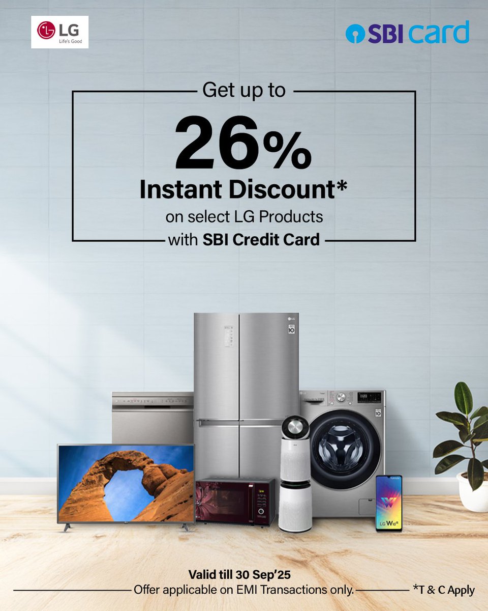Get up to 26% Instant Discount* on select LG Products with SBI Credit Card

Valid till 30 Sep’25

Offer applicable on EMI Transactions only.

Max Discount Per Card: ₹50,000

Know more: sbicards.net/LG-july25

*T&amp;C Apply

#SBICard #Discount #Offers #Deals