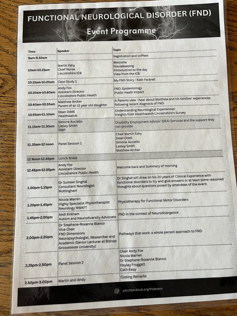 Looking forward to today’s event in Stamford to learn about Functional Neurological Disorder (FND). 

Packed agenda ! 

#EveryDayIsASchoolDay
