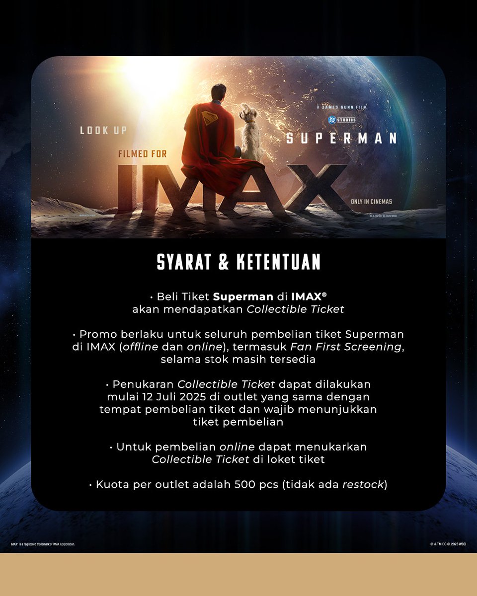WAJIB NONTON SUPERMAN DI IMAX 🫵

Biar kamu bisa bawa pulang collectible ticket keren ini! Cek slide 2 buat info syarat &amp; ketentuannya.

#LebihASIK #NontonASIKdiXXI