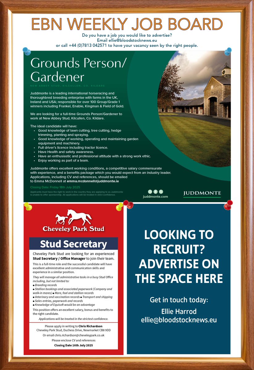 ❓ Are you looking to further your career or seek a new challenge❓

Check out today's Job Board in #EBN
✅ Juddmonte are looking to recruit a Grounds Person / Gardener
✅ Cheveley Park Stud are looking to recruit a Stud Secretary / Office Manager

See below for more details ⬇️