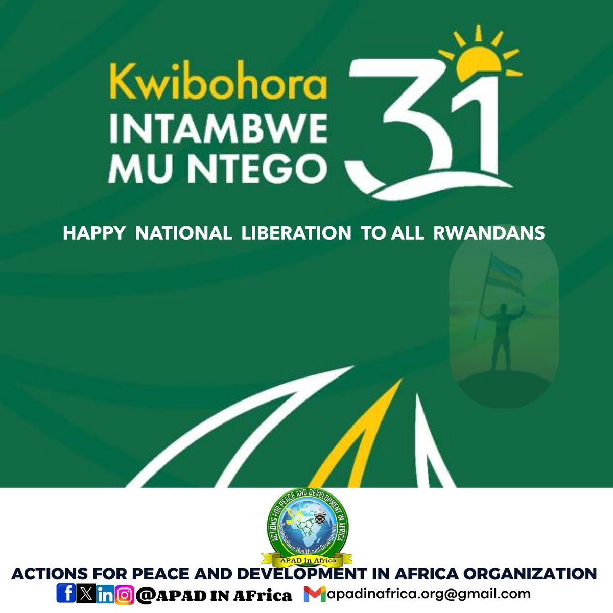 ApadAfrica's tweet photo. #HappyNationLiberationDay to #Rwandan and #FriendofRwanda
@RDF_Gallery @KingRDF @UrugwiroVillage https://t.co/uLKRdpRWAw