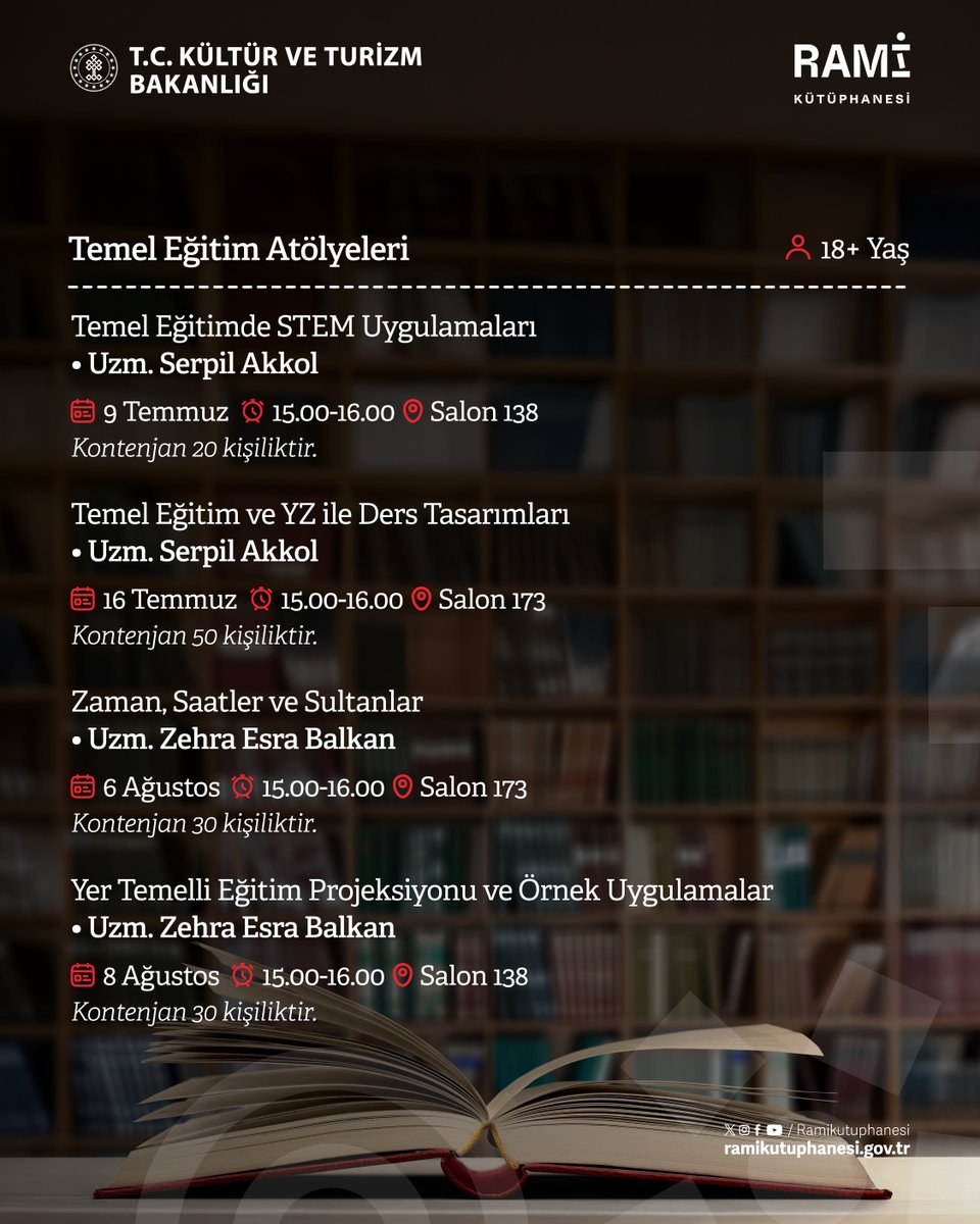 “Temel Eğitim Yaz Atölyeleri” ile dopdolu bir yaz Rami Kütüphanesi’nde seni bekliyor! 🎒 📖
 
Yenilikçi ders tasarımı ipuçları, STEM uygulamaları, tarih odaklı yaratıcı çalışmalar ve yer temelli eğitim uygulamaları bu atölyelerde bir araya geliyor. 🌞
 
Alanında uzman