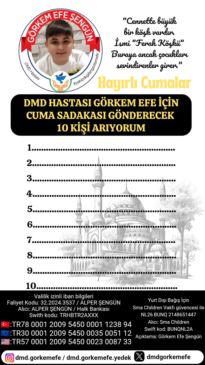 Hayırlı Cumalar
“Cennette bir köşk vardır, ismi ‘Ferah Köşkü’… Oraya ancak çocukları sevindirenler girer.” 

DMD hastası Görkem Efe için bugün cuma sadakasıyla destek olmak ister misiniz?
Küçük bir iyilik, onun koca bir umudu olsun. #görkemefedireniyor

...

#izmiryanıyor