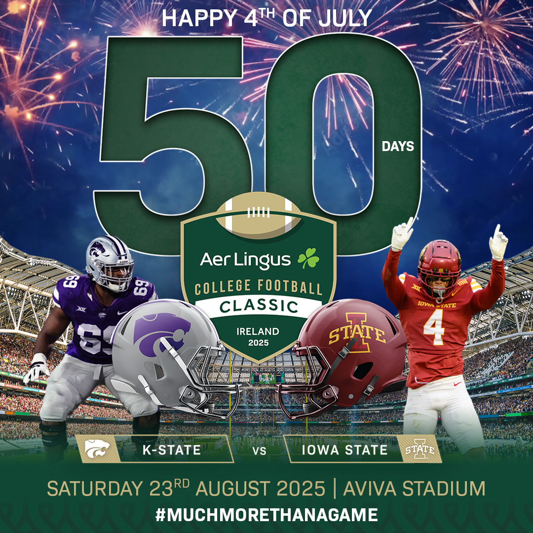 Aer Lingus College Football Classic (@cfbireland) on Twitter photo Happy 4th of July 🎉
We’re excited to say that American football returns in just 50 days when <a href="/KStateFB/">K-State Football</a> & <a href="/CycloneFB/">Iowa State Football</a> come to the Emerald Isle for another Week 0 clash in the <a href="/AerLingus/">Aer Lingus</a> College Football Classic 🏈☘️
🎟️Limited tickets available - bit.ly/3FbXLXy Happy 4th of July 🎉
We’re excited to say that American football returns in just 50 days when <a href="/KStateFB/">K-State Football</a> & <a href="/CycloneFB/">Iowa State Football</a> come to the Emerald Isle for another Week 0 clash in the <a href="/AerLingus/">Aer Lingus</a> College Football Classic 🏈☘️
🎟️Limited tickets available - bit.ly/3FbXLXy