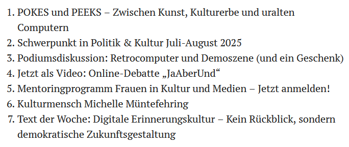 Deutscher Kulturrat (@dkrkultur) on Twitter photo Der neue kulturpolitische Wochenreport von <a href="/olaf_zimmermann/">Olaf Zimmermann</a> ist gerade erschienen. Themen sind: Schwerpunkt "POKE und PEEK" in <a href="/pukzeitung/">Politik & Kultur</a>; Onlinedebatte #JaAberUnd zum Nachschauen; Jetzt zum Mentoring Programm "Frauen in Kultur und Medien" anmelden! uvm: tb5c0875c.emailsys1a.net/mailing/5/8449… Der neue kulturpolitische Wochenreport von <a href="/olaf_zimmermann/">Olaf Zimmermann</a> ist gerade erschienen. Themen sind: Schwerpunkt "POKE und PEEK" in <a href="/pukzeitung/">Politik & Kultur</a>; Onlinedebatte #JaAberUnd zum Nachschauen; Jetzt zum Mentoring Programm "Frauen in Kultur und Medien" anmelden! uvm: tb5c0875c.emailsys1a.net/mailing/5/8449…