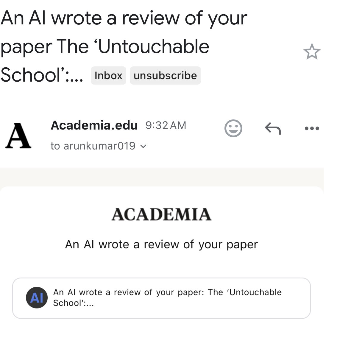 Academic.edu has sent this message.

AI doing a review of research paper! 

The death of critical thinking!!