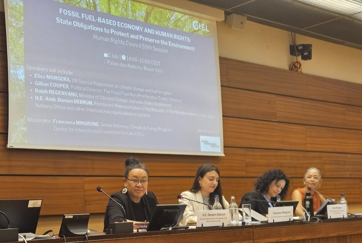 Marshall Islands Permanent Mission in Geneva (@rmigeneva) on Twitter photo On 2 July at #HRC59, <a href="/Jabkanira/">Doreen de Brum</a> joined the panel “Fossil Fuel-Based Economy & Human Rights” hosted by <a href="/ciel_tweets/">Center for International Environmental Law</a>. Sharing Marshall Islands' experience as a SIDS, H.E. urged stronger action to phase out fossil fuels, protect communities, and uphold climate justice. On 2 July at #HRC59, <a href="/Jabkanira/">Doreen de Brum</a> joined the panel “Fossil Fuel-Based Economy & Human Rights” hosted by <a href="/ciel_tweets/">Center for International Environmental Law</a>. Sharing Marshall Islands' experience as a SIDS, H.E. urged stronger action to phase out fossil fuels, protect communities, and uphold climate justice.