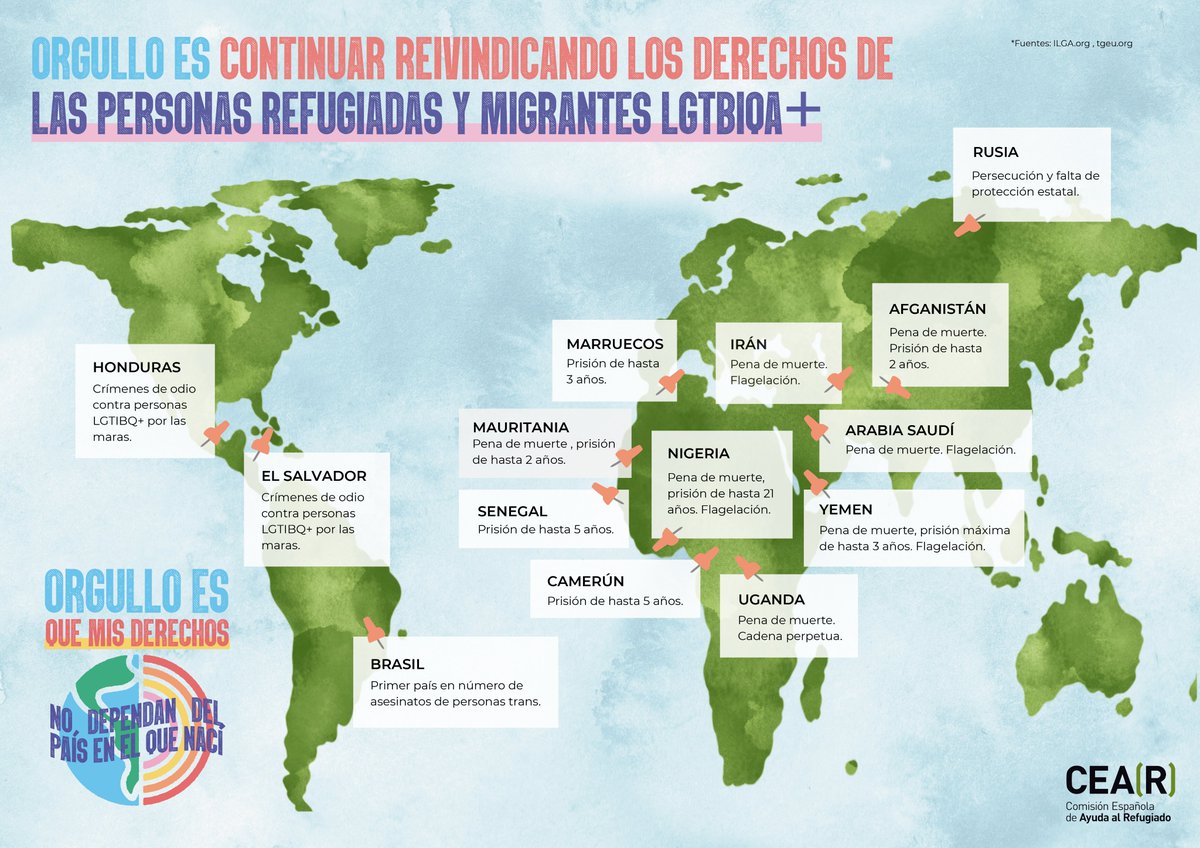 ❗️ Para las personas LGTBIQA+ el refugio es vital. En numerosos lugares son perseguidas por su identidad o expresión de género, o su orientación sexual.

🗺️ Estos son algunos países en los que corren peligro. Sobran los motivos para seguir reivindicando los derechos con #Orgullo.