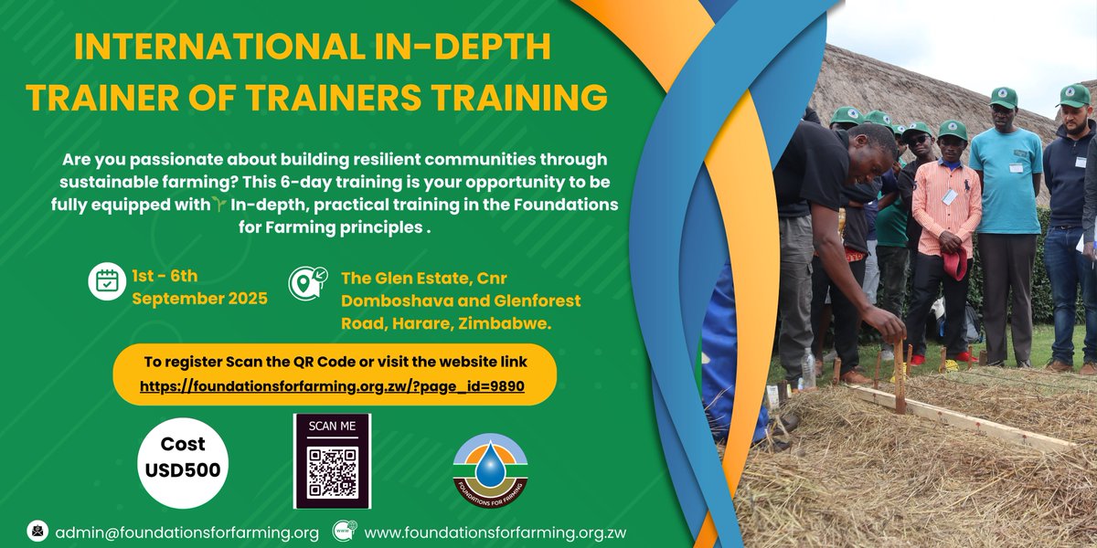 Foundations for Farming (@fffarmingzim) on Twitter photo “Teach one, you teach a nation.”
🌍 Become a Trainer of Trainers with this in-depth training. Register now to secure your spot: Get in touch with admin@foundationsforfarming.org or click this link to register
foundationsforfarming.org.zw/?page_id=9890 “Teach one, you teach a nation.”
🌍 Become a Trainer of Trainers with this in-depth training. Register now to secure your spot: Get in touch with admin@foundationsforfarming.org or click this link to register
foundationsforfarming.org.zw/?page_id=9890