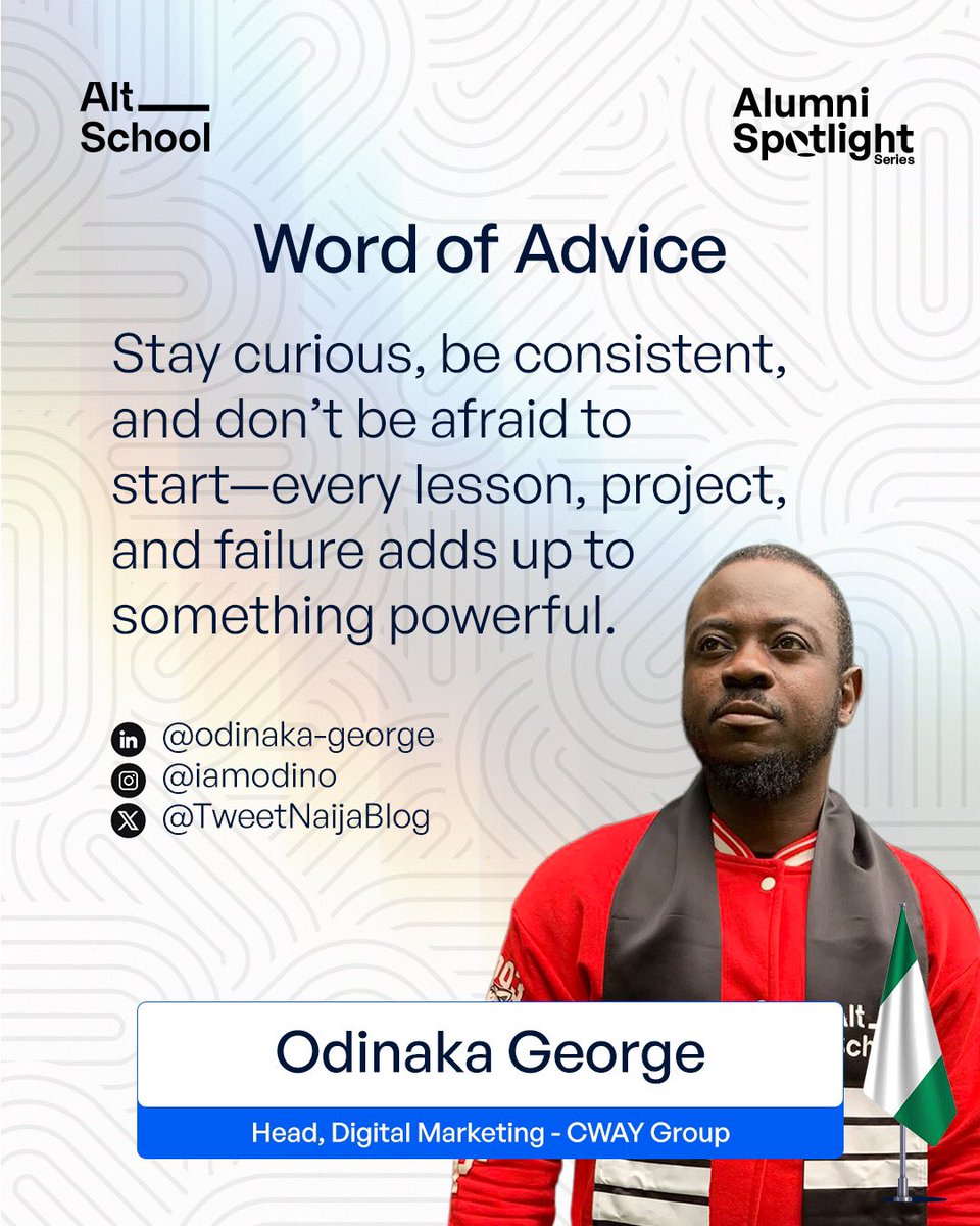 AltSchoolAfrica's tweet image. Meet Odinaka George, an AltSchool alum who’s now leading digital marketing at CWAY Group!

He took a chance, gained real skills, and became a top performer at work.

Now it’s your turn.

Swipe to read his story. Don’t miss your shot, next cohort is open! Apply now:…