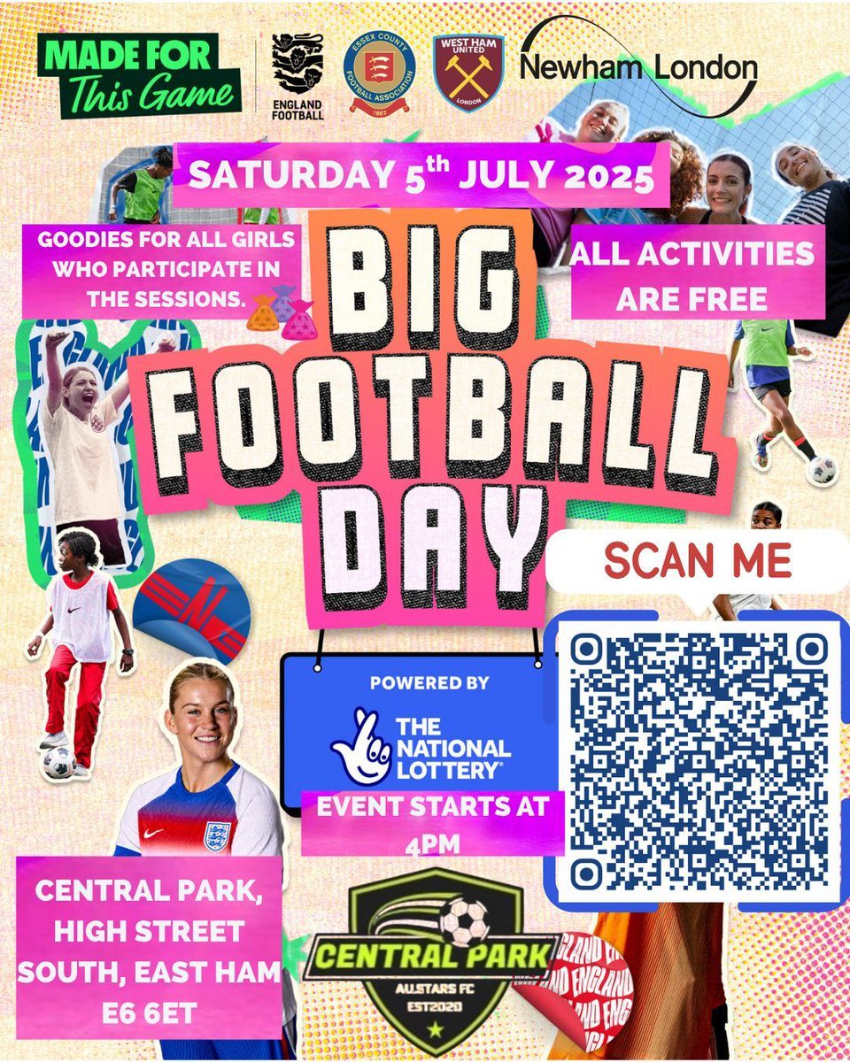 Essex County FA (@essexcountyfa) on Twitter photo Weโve got your Saturday sorted ๐ฅ
๐ Central Park
๐
5 July
๐ Book now: book.englandfootball.com/Book/79f32325-โฆ
#BigFootballDay #WEURO25 <a href="/Lionesses/">Lionesses</a> <a href="/EnglandFootball/">England Football</a> @weuro2025 <a href="/rokhsanafiaz/">Rokhsana Fiaz OBE</a> @cllrsarahruiz <a href="/JPFoundation/">Jack Petchey Fdn</a> <a href="/WHUFoundation/">West Ham United Foundation</a> <a href="/NewhamLondon/">Newham London ๐</a> <a href="/EssexCountyFA/">Essex County FA</a> <a href="/cpafc20/">Central Park Allstars FC</a> <a href="/CpafcGirls/">CPAFC GIRLS</a> <a href="/TNLUK/">The National Lottery</a> Weโve got your Saturday sorted ๐ฅ
๐ Central Park
๐
5 July
๐ Book now: book.englandfootball.com/Book/79f32325-โฆ
#BigFootballDay #WEURO25 <a href="/Lionesses/">Lionesses</a> <a href="/EnglandFootball/">England Football</a> @weuro2025 <a href="/rokhsanafiaz/">Rokhsana Fiaz OBE</a> @cllrsarahruiz <a href="/JPFoundation/">Jack Petchey Fdn</a> <a href="/WHUFoundation/">West Ham United Foundation</a> <a href="/NewhamLondon/">Newham London ๐</a> <a href="/EssexCountyFA/">Essex County FA</a> <a href="/cpafc20/">Central Park Allstars FC</a> <a href="/CpafcGirls/">CPAFC GIRLS</a> <a href="/TNLUK/">The National Lottery</a>