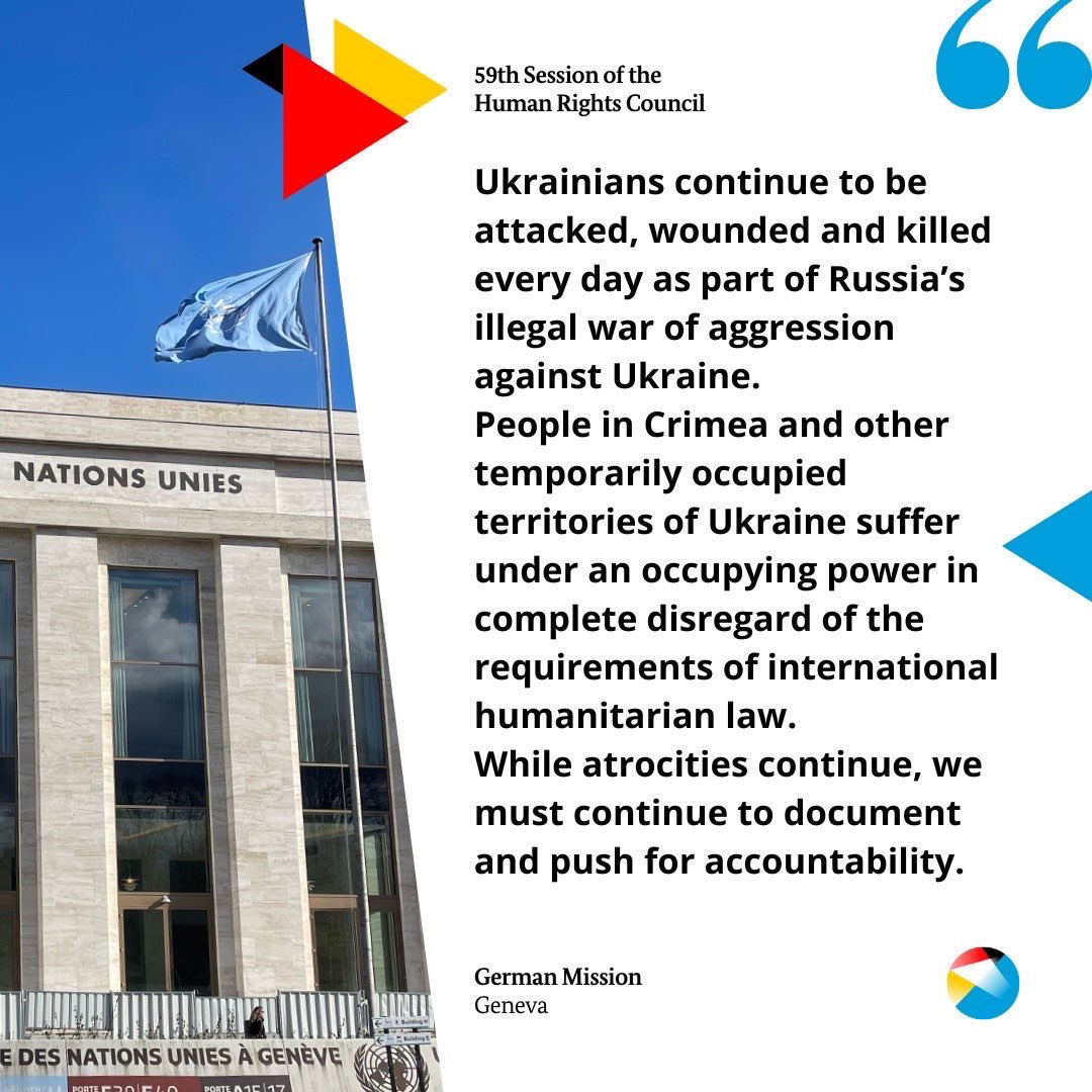We stand with the people of Ukraine – for as long as it takes. 🇺🇦💙💛

At #HRC59, we paid tribute to their courage and called on Russia to end its war of aggression, comply with international law &amp; engage in serious negotiations.