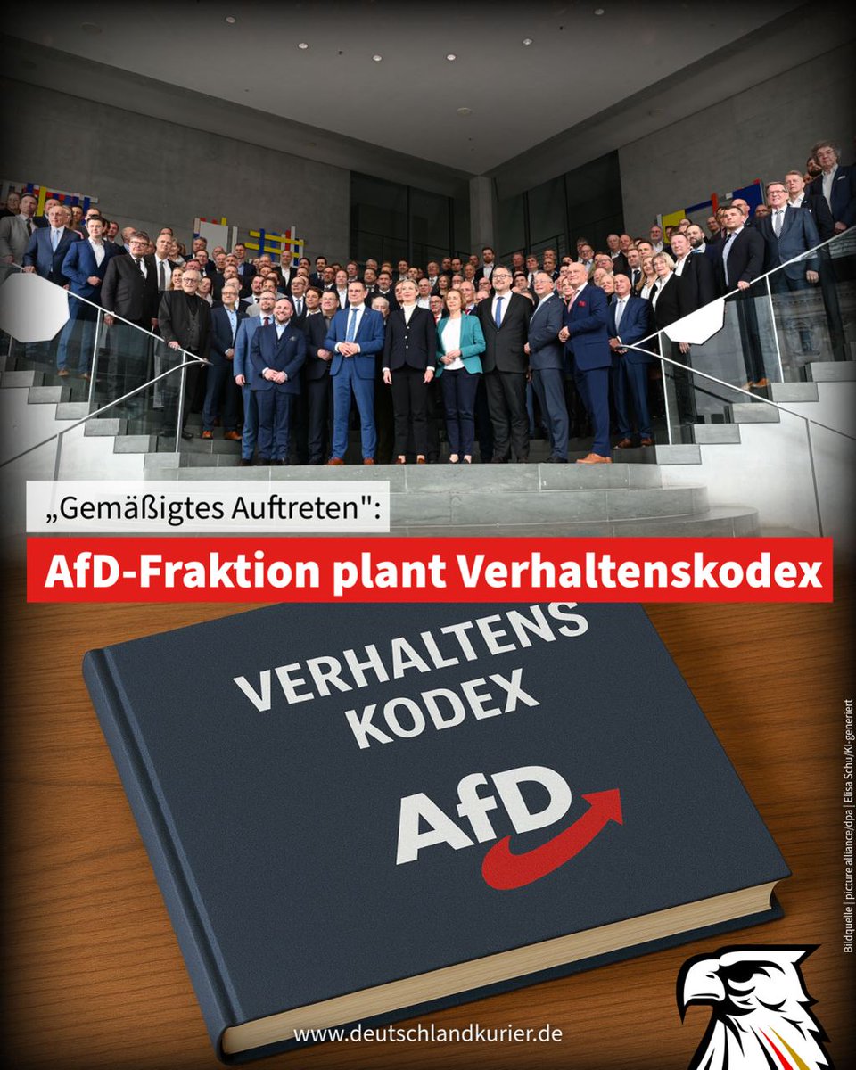 Deutschland Kurier (@deu_kurier) on Twitter photo „Gemäßigtes Auftreten“: AfD-Fraktion plant Verhaltenskodex
Die <a href="/AfDimBundestag/">AfD-Fraktion im Deutschen Bundestag 🇩🇪</a> will sich laut dpa „Benimmregeln“ geben. Bei einer Klausurtagung der Fraktion am Wochenende in Berlin solle ein Verhaltenskodex für Abgeordnete und außerdem eine Vereinbarung zum Verhalten im „Gemäßigtes Auftreten“: AfD-Fraktion plant Verhaltenskodex
Die <a href="/AfDimBundestag/">AfD-Fraktion im Deutschen Bundestag 🇩🇪</a> will sich laut dpa „Benimmregeln“ geben. Bei einer Klausurtagung der Fraktion am Wochenende in Berlin solle ein Verhaltenskodex für Abgeordnete und außerdem eine Vereinbarung zum Verhalten im