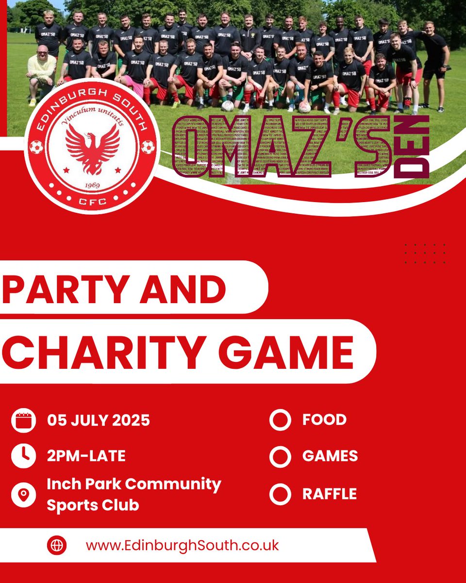 🎉 Big day tomorrow! Our U20s face Omaz’s Den in a charity game at Inch Park Community Sports Club.

⏰ Kick-off now 2:45 PM (15 mins earlier!)
📅 05 July 2025
🍔 Food, 🎯 Games &amp; 🎟️ Raffle – all for a great cause!
🎉 Drinks in the hall after for a celebration and party.