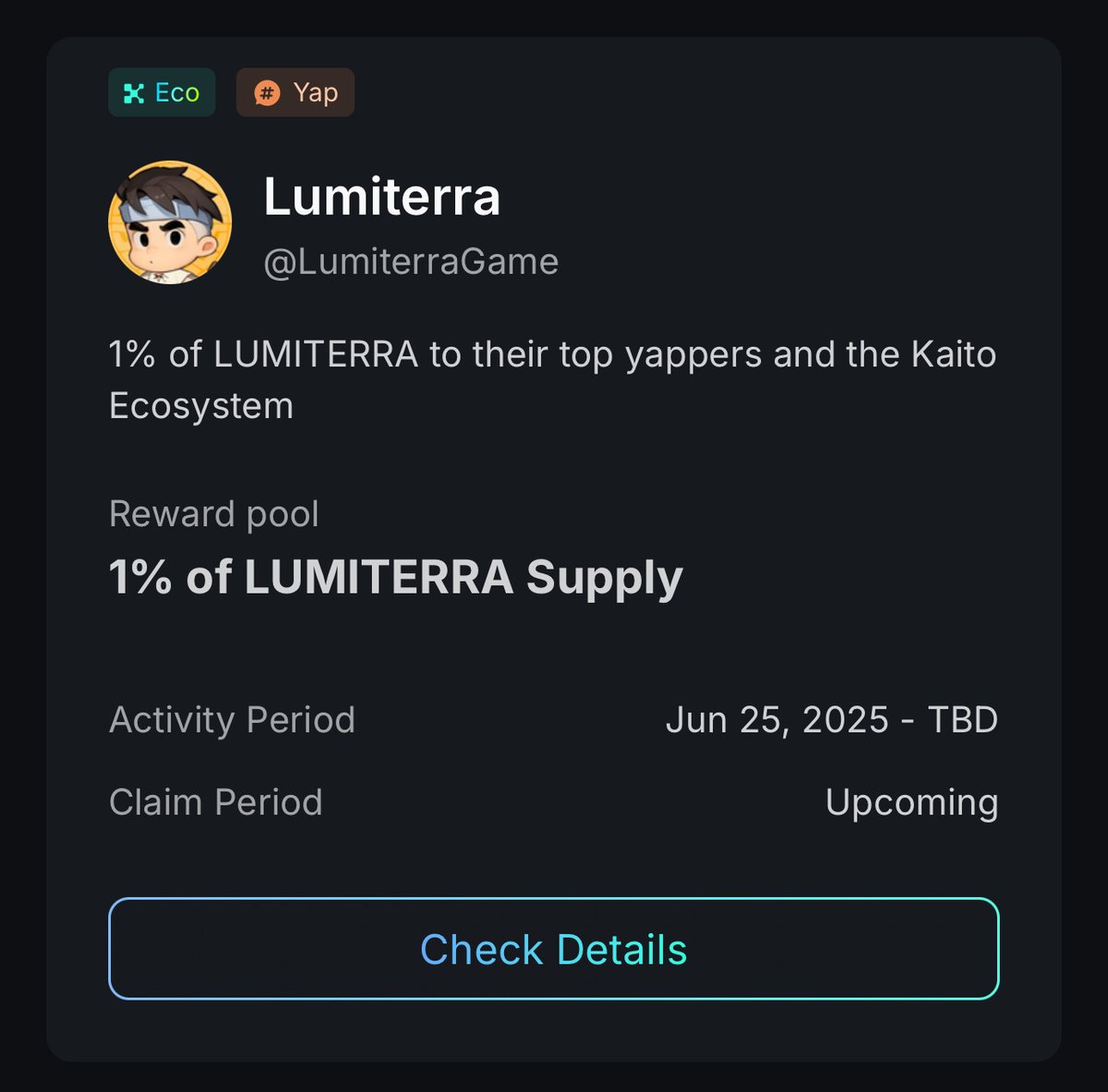 Remember when Magic Newton proved yapping could net $10K+ payouts? Now <a href="/LumiterraGame/">Lumiterra (mainnet arc)</a> is doubling down with an even juicier 1% of $LUMI supply up for grabs with 0.6% reserved for top yappers and 0.4% for Kaito ecosystem.

If Newton’s 0.9% created five-figure payouts, Lumiterra’s