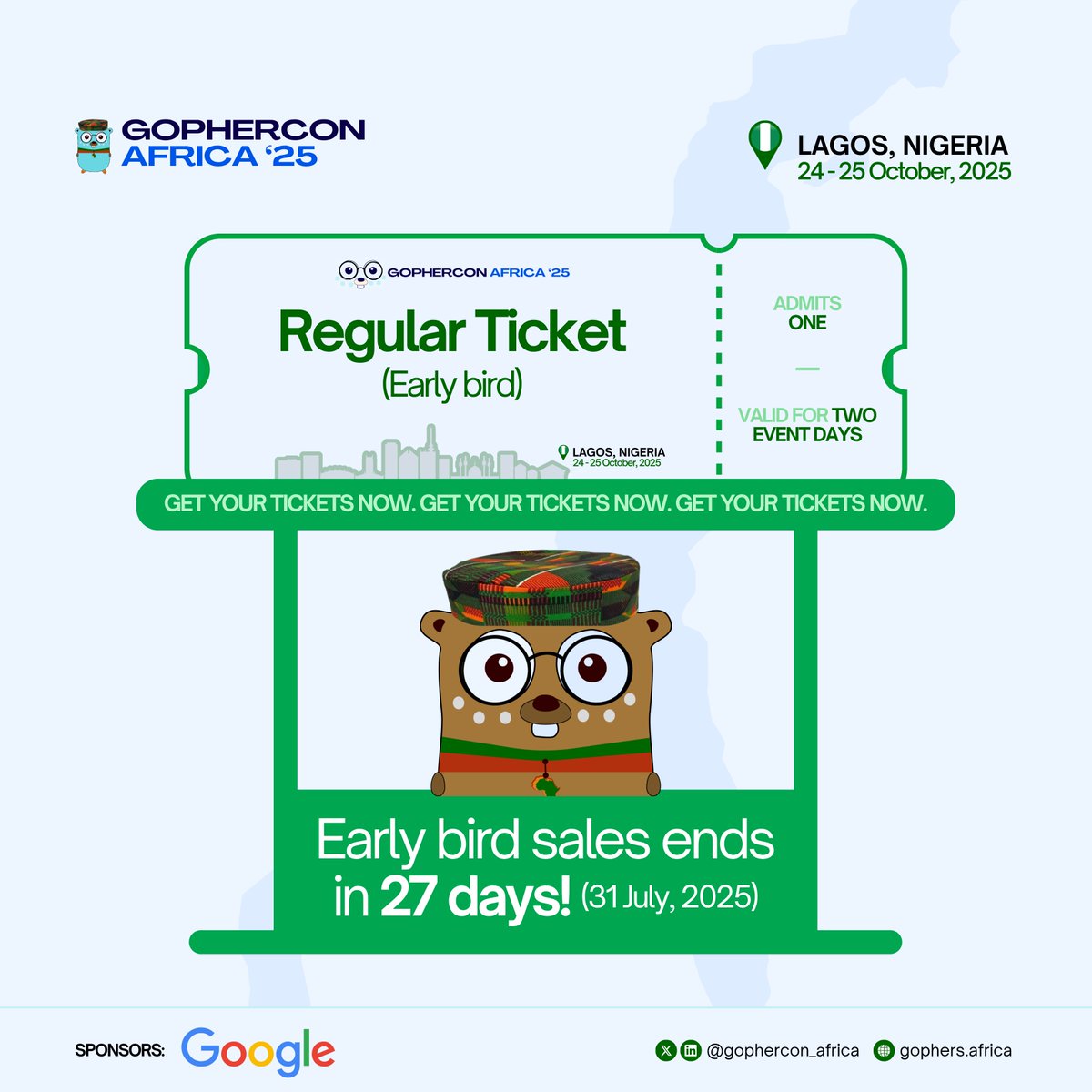 🚀 Early Bird Tickets Still LIVE!  #GopherConAfrica2025 

📷Get yours now before prices go up!  📷 

gophercon.africa/#tickets 

#golang #GopherConAfrica2025🚀