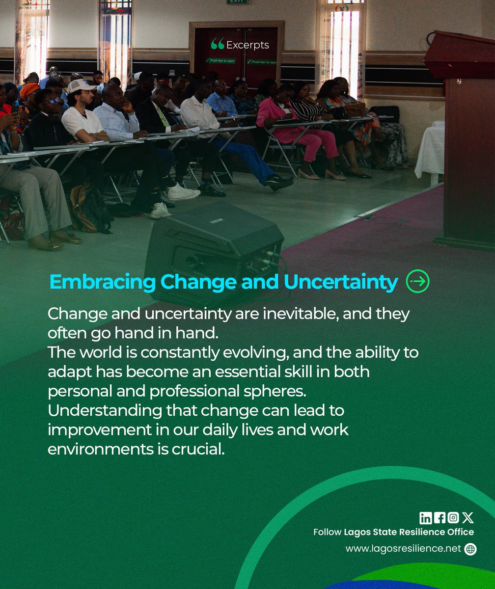 lagosresilience's tweet image. Embracing change and uncertainty
More nuggets from the Resilience Sensitization Workshop for middle-level officers, delivered by Mr. Adebayo Ade-Ojo of the Environment and Ecology Unit (LASRO). 
#LagosResilience #ResilienceMatters #LagosDevelopment #LASRO #LASG