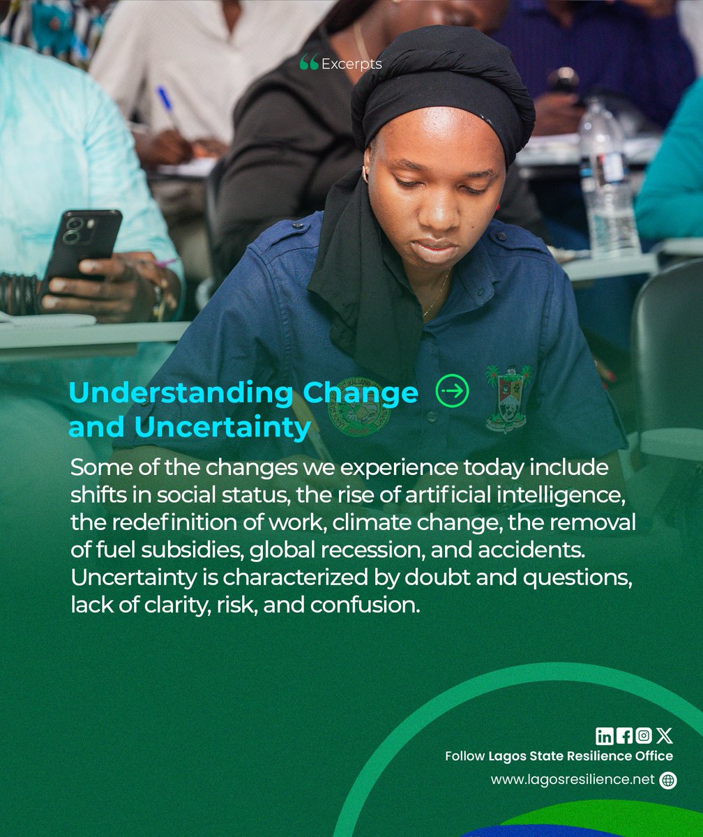 lagosresilience's tweet image. Embracing change and uncertainty
More nuggets from the Resilience Sensitization Workshop for middle-level officers, delivered by Mr. Adebayo Ade-Ojo of the Environment and Ecology Unit (LASRO). 
#LagosResilience #ResilienceMatters #LagosDevelopment #LASRO #LASG