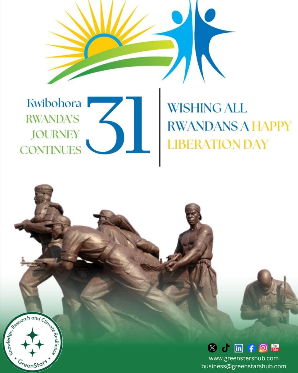 GreenStarzHub's tweet photo. Happy Liberation Day, Rwanda! 🇷🇼
We honour the courage that brought us freedom and the vision that drives us forward.
#Kwibohora
#LiberationDayRwanda
#July4Rwanda
#GreenStarzImpaktHub
#RwandaForward
#RwandaUnity
#Kwibohora31
#ProudlyRwandan https://t.co/E9yETZtzGJ