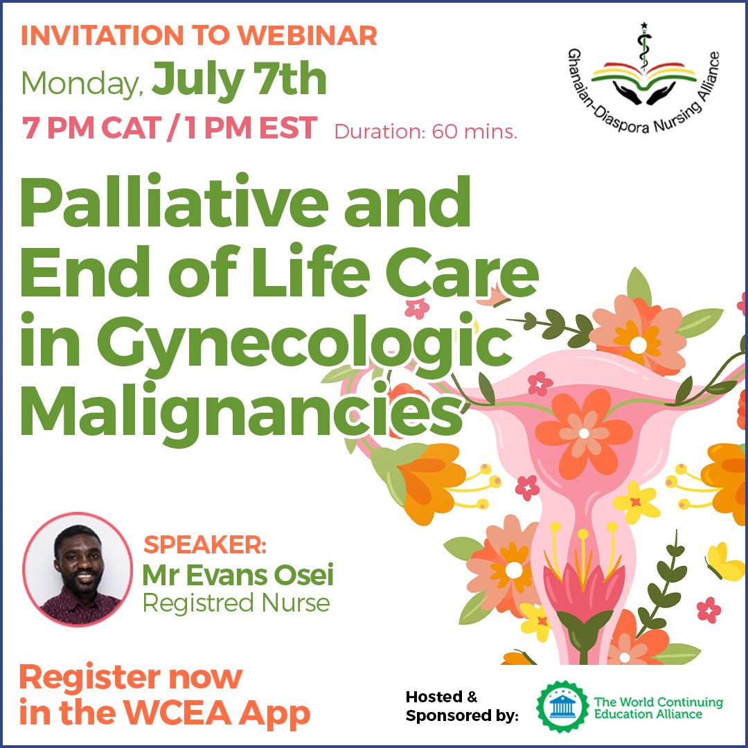 WCEA (World Continuing Education Alliance) (@worldcealliance) on Twitter photo π’ Join WCEA & <a href="/GDNAnursing/">Ghanaian-Diaspora Nursing Alliance (G-DNA)</a> for a powerful webinar: Palliative and End of Life Care in Gynecologic Malignancies - π£ Mr. Evans Osei
π
July 7 | π 1 PM EST / 19:00 CAT | β³ 1h
π 1 CPD Point
Info & Rregistration: wcea.education/portfolio-itemβ¦
#PalliativeCare #WomensHealth #Webinar π’ Join WCEA & <a href="/GDNAnursing/">Ghanaian-Diaspora Nursing Alliance (G-DNA)</a> for a powerful webinar: Palliative and End of Life Care in Gynecologic Malignancies - π£ Mr. Evans Osei
π
July 7 | π 1 PM EST / 19:00 CAT | β³ 1h
π 1 CPD Point
Info & Rregistration: wcea.education/portfolio-itemβ¦
#PalliativeCare #WomensHealth #Webinar