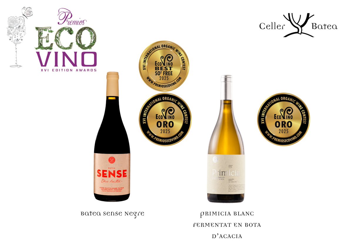 Entregados en la UR los XVI Premios Ecovino.  Celler Batea ha obtenido 2 oros y un Premio Especial Laffort para el Batea Sense negre al mejor vino Sin Sulfitos en esta edicion 2025. #Ecovino #vinoecologico #DOTerraAlta harodigital.com/vino-y-bodegas…