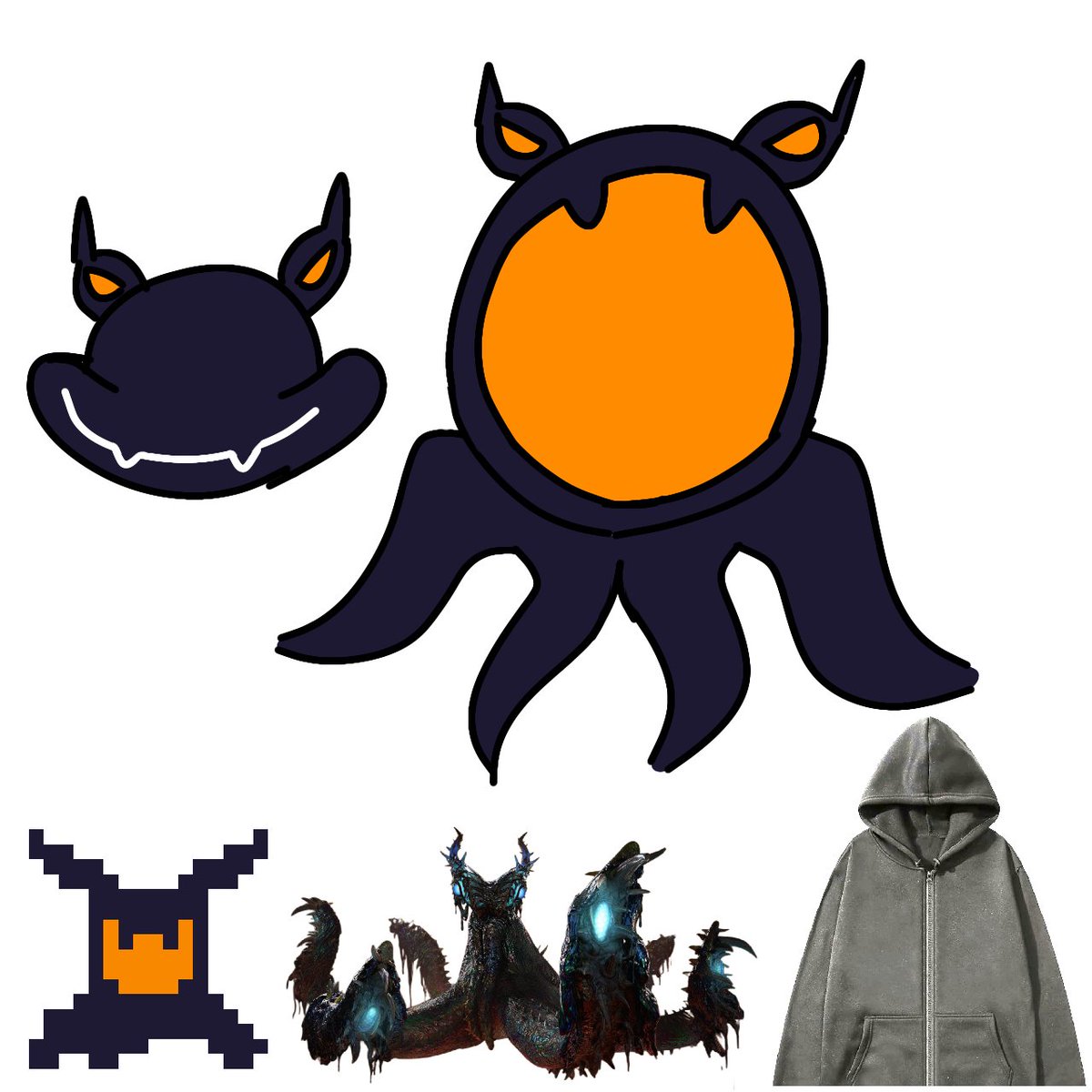 ThisRhax's tweet image. Quick doodle of my idea for an eram/shadow mantle design, instead of ears/horns he has mimic octopus eyes, and his mouth is like a hoodie #deltarune #deltarun