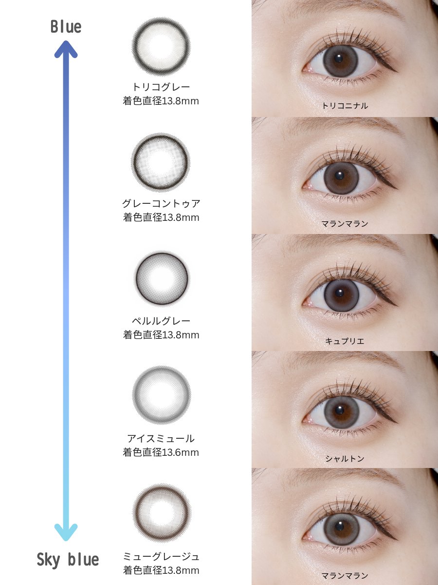 エレガントアッシュみたいな派手すぎない青コングレコンこちらです🫐🩵 
下に行くほど色素薄めに発色します♡