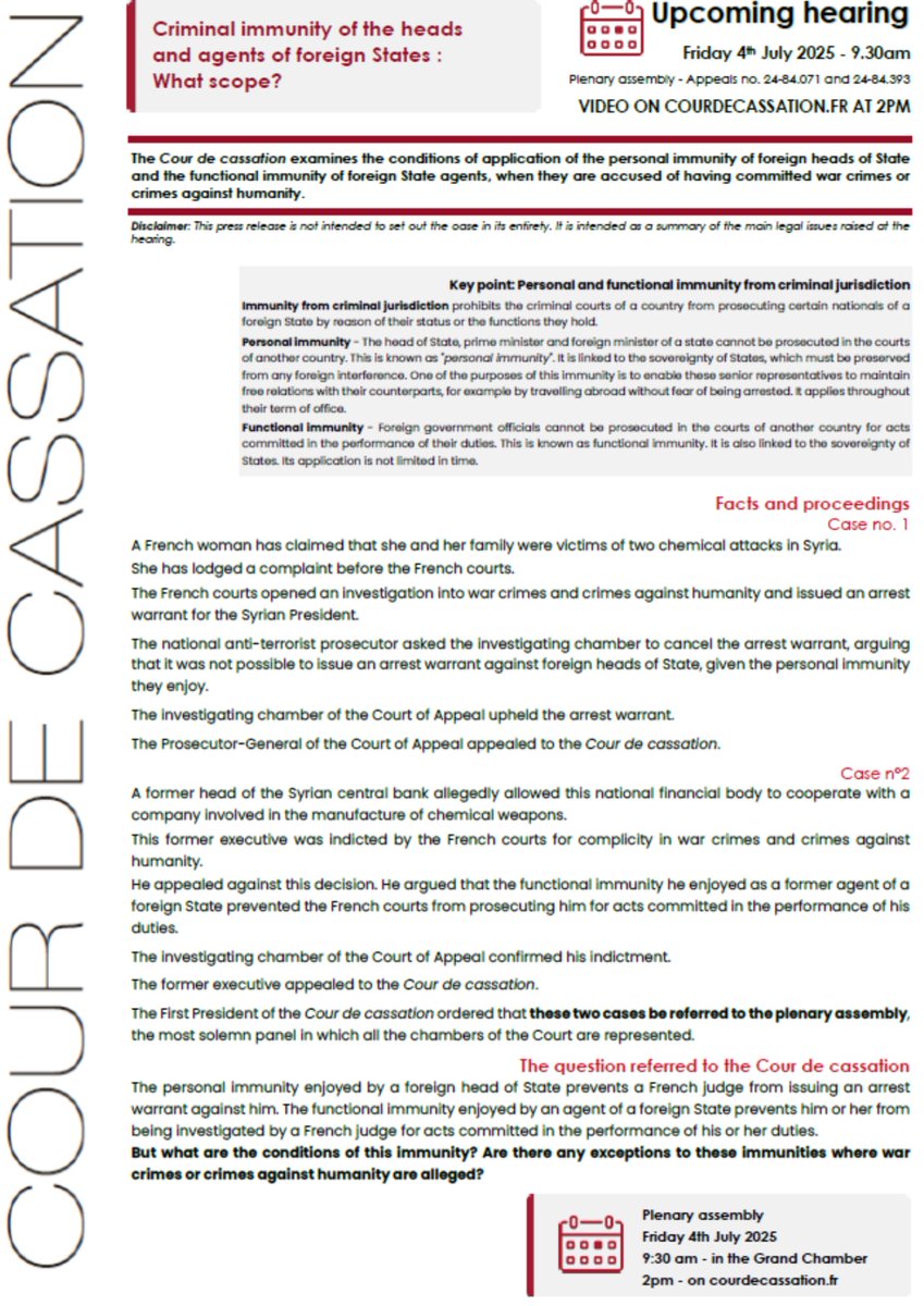 🏦[Press release] The Cour examines the conditions of application of the immunity of foreign heads of State and foreign State agents, when they are accused of having committed war crimes or crimes against humanity.
📺Watch the hearing at 2PM > courdecassation.fr/agenda-des-aud…