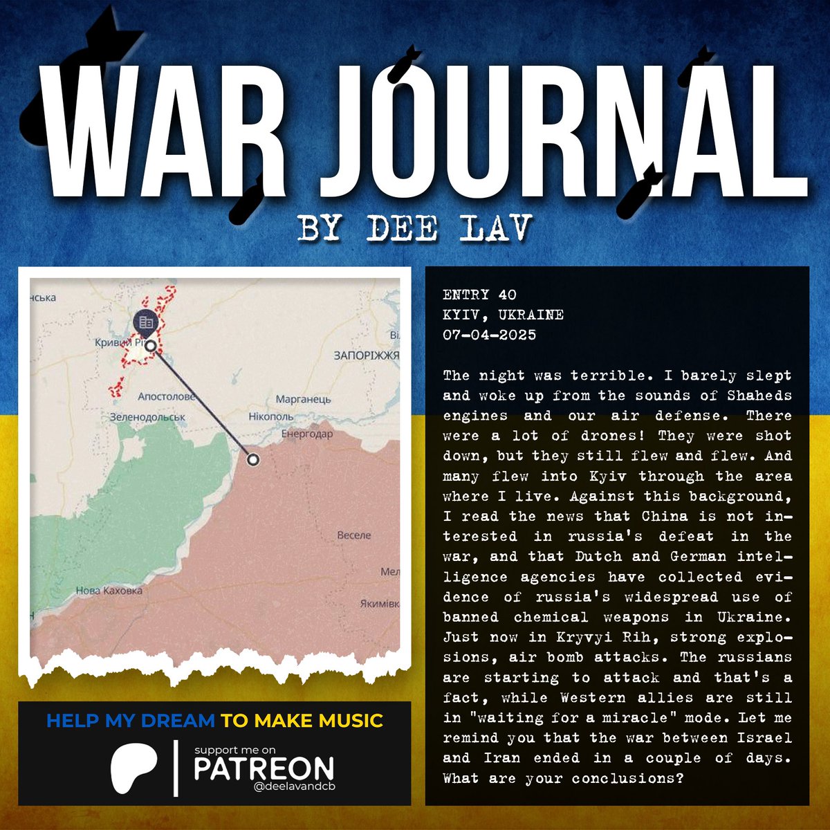 DeeLavMusic's tweet photo. #WarJournal Entry 40
Kyiv, Ukraine
07-04-2025
📝…The night was terrible. I barely slept and woke up from the sounds of Shaheds engines and our air defense. There were a lot of drones!…more👇 https://t.co/yE8kJTlCeR