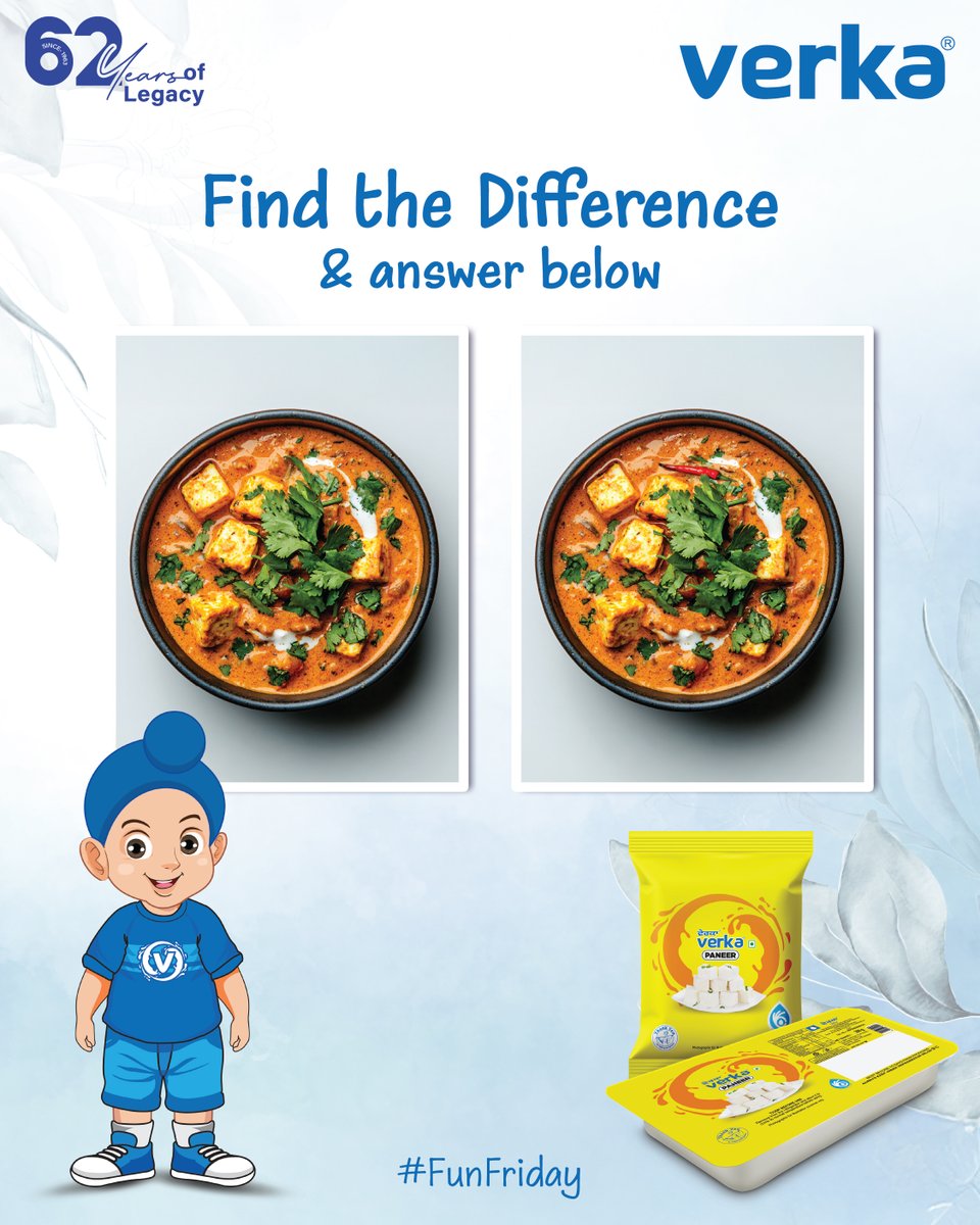 Verka_Coop's tweet image. Spot the difference, but taste the same—delicious with Verka Paneer! 👀🧡
Swipe, zoom, guess... and don’t forget to comment below! ⬇️

#FunFridayChallenge #paneerchallenge #SpotTheDifference #VerkaPaneer #paneerplay #verkamoments