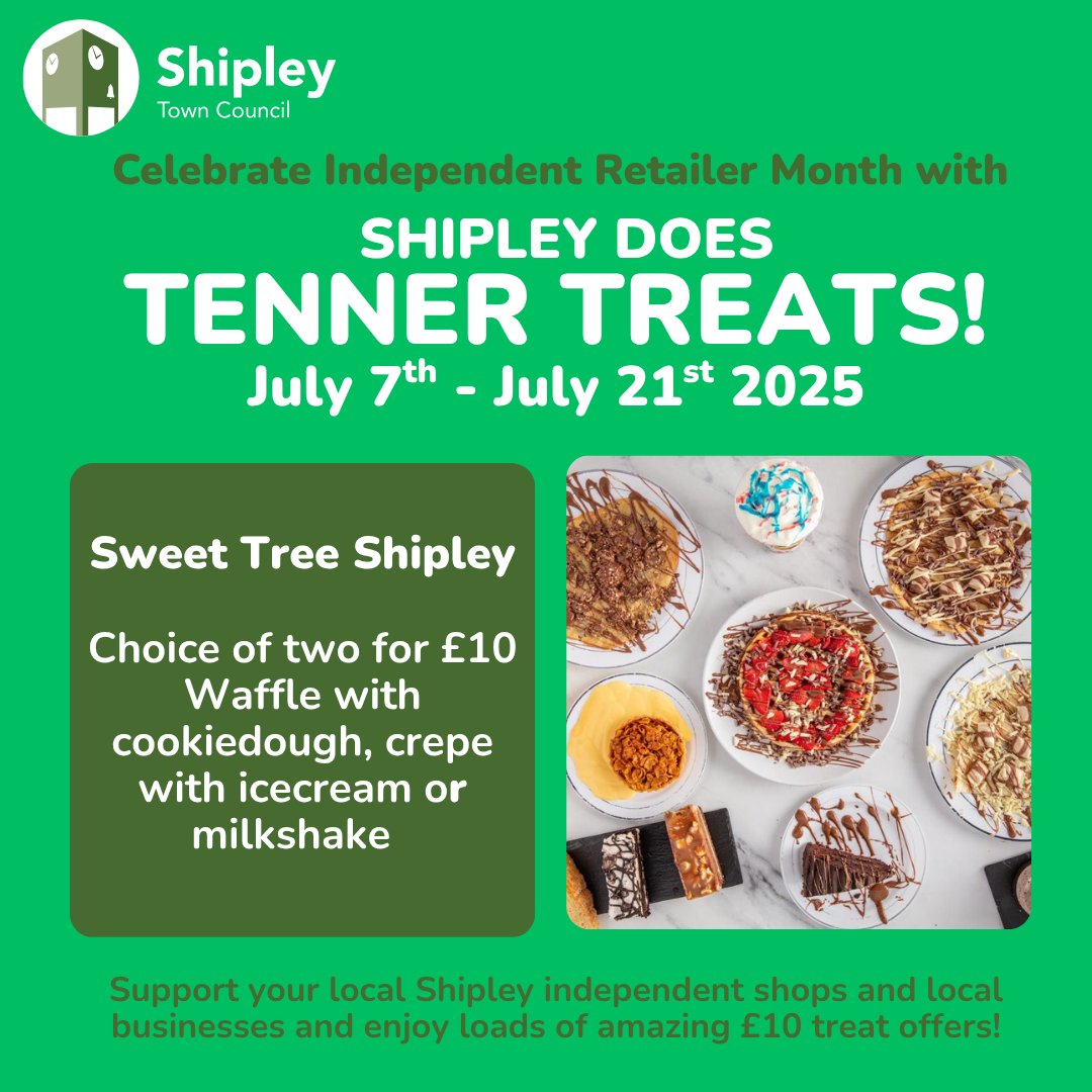 ShipleyTC's tweet image. ⭐Shipley Does Tenner Treats! Lots of £10 offers start today from businesses to celebrate Independent Retailer Month.
🍪SweetTree: choice of two desserts or milkshake
🎈Unlimited Creations: happy birthday balloon & two heart foils
👓Oracle opticians: case, cleansing kit, eye exam