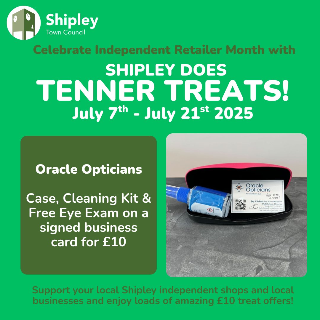 ShipleyTC's tweet image. ⭐Shipley Does Tenner Treats! Lots of £10 offers start today from businesses to celebrate Independent Retailer Month.
🍪SweetTree: choice of two desserts or milkshake
🎈Unlimited Creations: happy birthday balloon & two heart foils
👓Oracle opticians: case, cleansing kit, eye exam