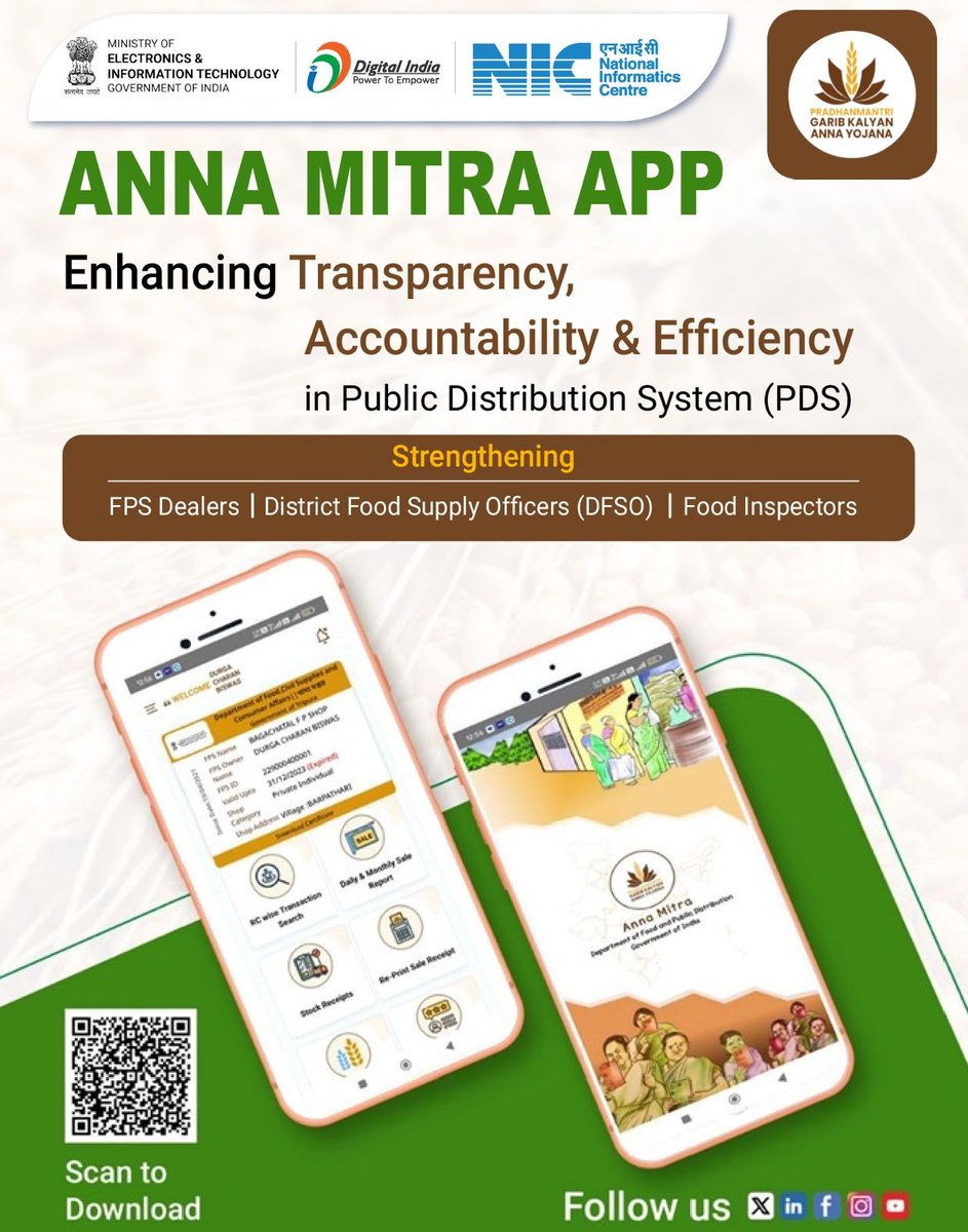 NICMeity's tweet image. #AnnaMitra App: A significant step toward strengthening transparency, accountability &amp;amp; efficiency in #PDS operations!

The App developed by NIC for @fooddeptgoi, enables #PublicDistributionSystem (PDS) officials &amp;amp; stakeholders to access PDS-related information anytime, anywhere.