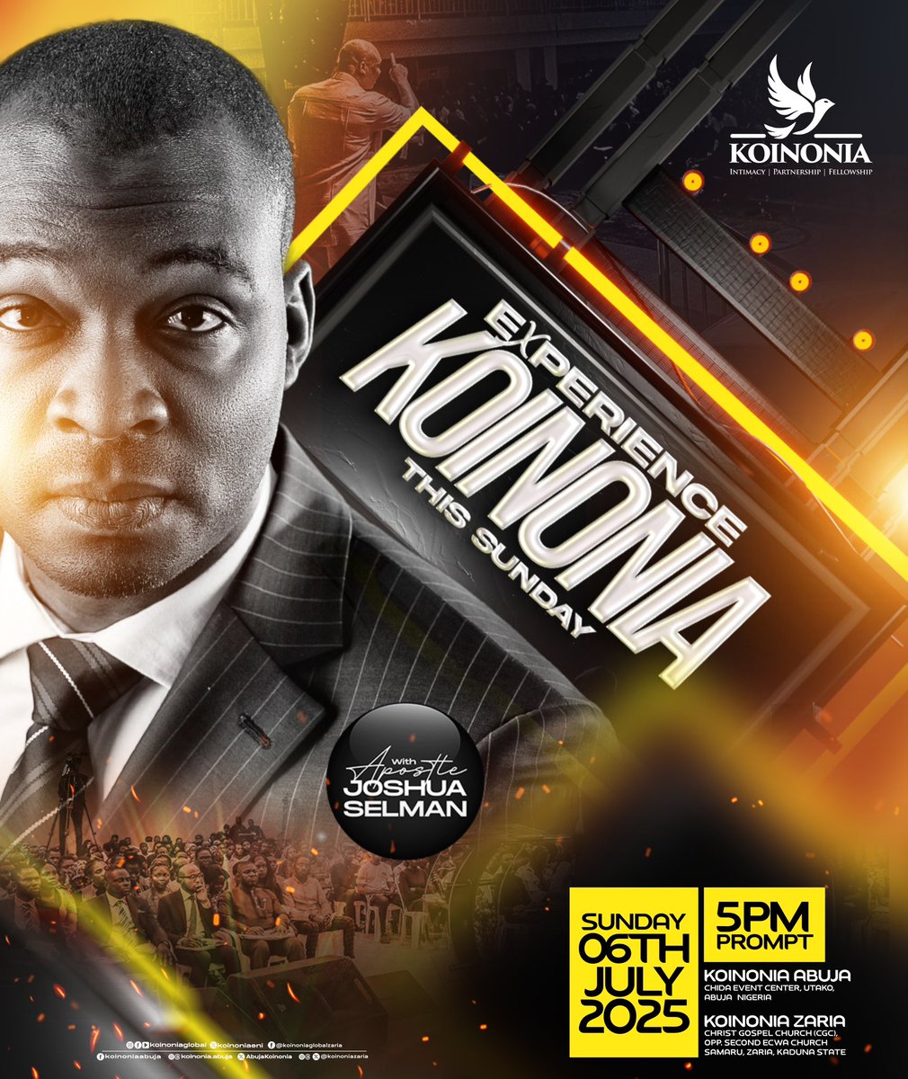 koinoniaeni's tweet photo. EXPERIENCE KOINONIA THIS SUNDAY

And many people shall go and say, Come ye, and let us go up to the mountain of the LORD, to the house of the God of Jacob; and he will teach us of his ways, and we will walk in his paths: for out of Zion shall go forth the law, and the word of the LORD from Jerusalem.
 Isaiah 2:3 KJV

The Word of God has the capacity to shape destinies, empower believers, and build us up into maturity and spiritual depth. Prepare your heart for a powerful time in God’s presence this Sunday, 6th July 2025 at 5PM (WAT) at our Abuja and Zaria centres. It’s more than a service, it’s an encounter!

You're specially invited to join us physically at any of our Koinonia Centers:

* Abuja Centre -  Chida Event Center, Utako
* Zaria Centre - CGC, Opp. 2nd ECWA, Samaru-Zaria, Kaduna

Can’t make it onsite? 
Not a problem. Connect with us online in real-time via any of the following platforms:

* Online Radio: https://t.co/fxWKoEgxt4
* YouTube: koinoniaglobal
* Facebook: koinoniaglobal, koinoniaabuja, koinoniaglobalzaria
* Instagram: @koinonia.abuja, @koinoniazaria, @koinoniaglobal
* Twitter (X): @Koinoniaeni, @AbujaKoinonia
* Threads: @koinonia.abuja, @koinoniazaria

Do well to extend an invite to your family, friends, and loved ones. See you there!

#ThisIsKoinonia
#KoinoniaAbuja
#KoinoniaZaria
#KoinoniaGlobal
#TheDaysOfHisPower
