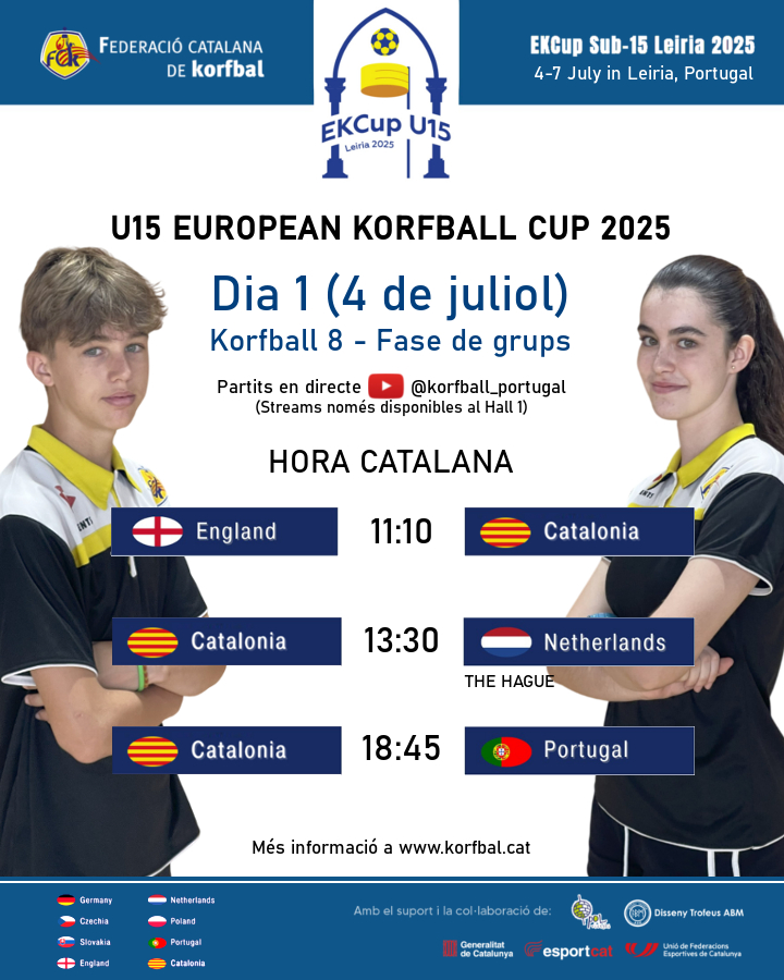 korfbalcat's tweet photo. Horaris dels primers partits de la selecció catalana sub-15 de #korfbal en la U15 European #Korfball Cup 2025 que es disputarà del 4 al 7 de juliol a la ciutat portuguesa de Leiria. #EKCup ⚡️ #SomhiCatalunya 
@esportcat @UFECcat
 
📰 Més info i enllaços: https://t.co/CihBEln9ez https://t.co/WNDSOhExLH