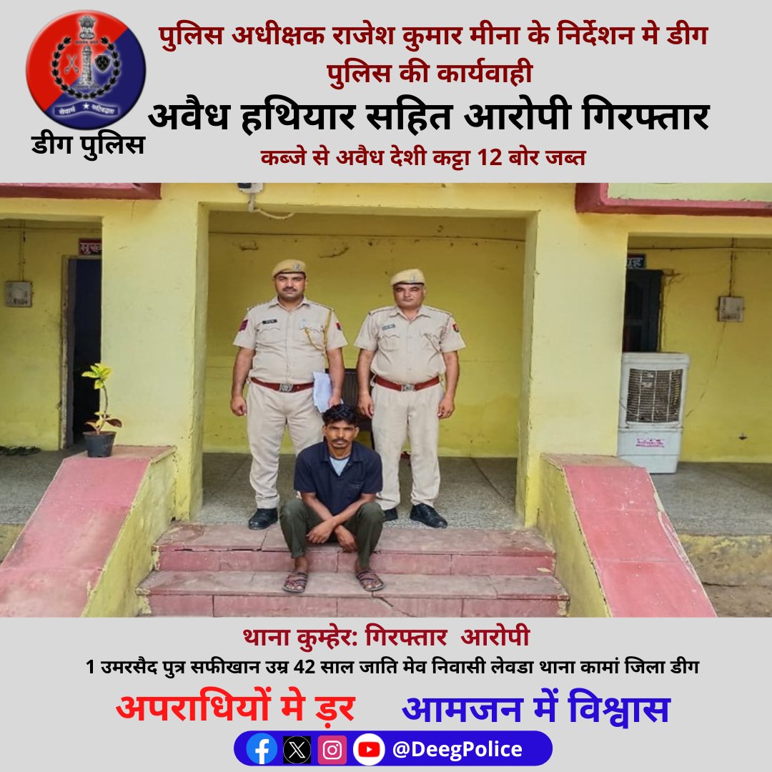 Deeg Police (@deegpolice) on Twitter photo पुलिस अधीक्षक राजेश कुमार मीना के निर्देशन मे #डीग पुलिस की कार्यवाही
अवैध हथियार सहित आरोपी गिरफ्तार
कब्जे से अवैध देशी कट्टा 12 बोर जब्त
<a href="/PoliceRajasthan/">Rajasthan Police</a> पुलिस अधीक्षक राजेश कुमार मीना के निर्देशन मे #डीग पुलिस की कार्यवाही
अवैध हथियार सहित आरोपी गिरफ्तार
कब्जे से अवैध देशी कट्टा 12 बोर जब्त
<a href="/PoliceRajasthan/">Rajasthan Police</a>
