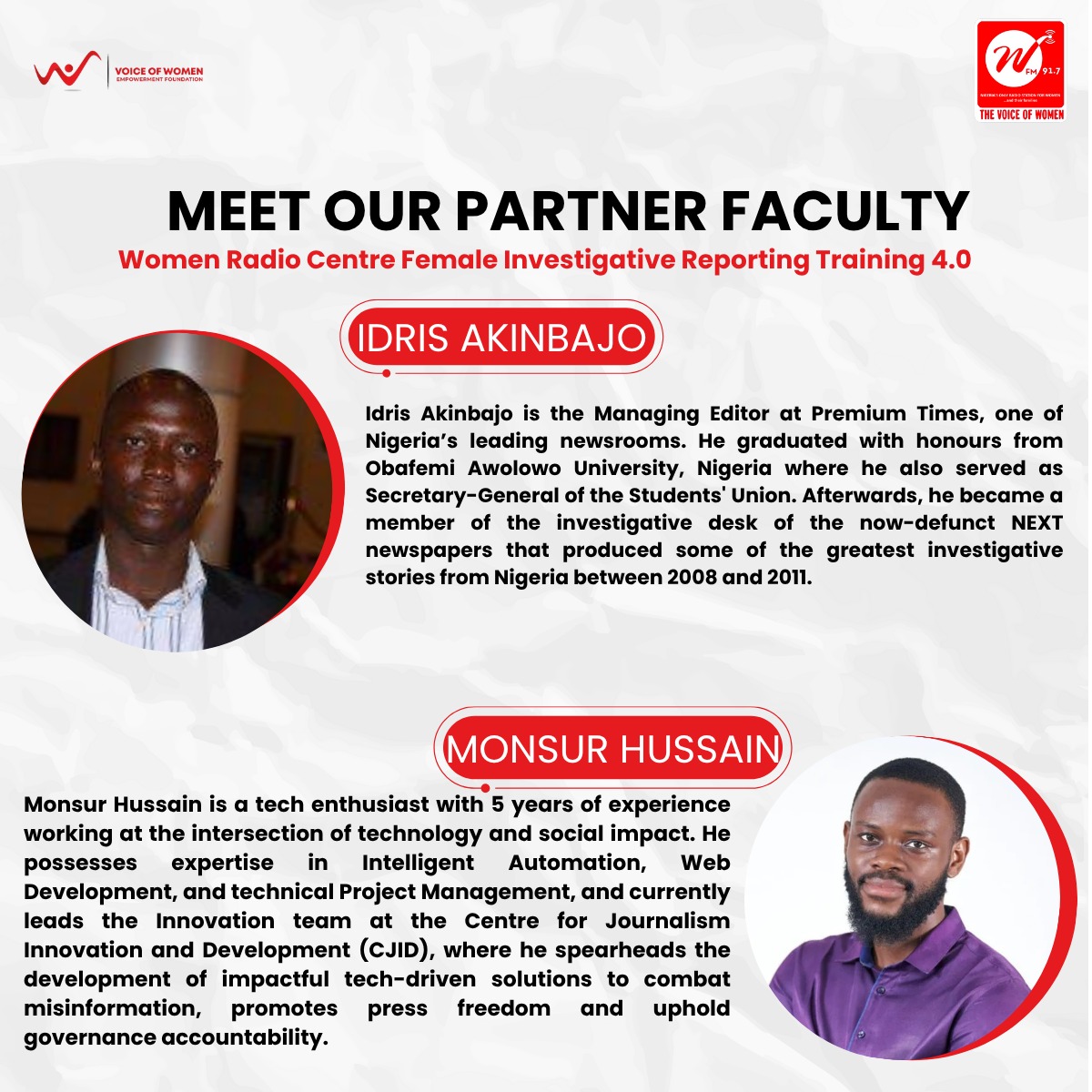 Meet the Facilitators of the 2025 Women Radio Centre, Female Investigative Reporting Training 4.0

The Women Radio Centre (First Female Academy) is an initiative of Women Radio 91.7 Nigeria's only Radio Station for women and their families.

#luisdiaz  #snoot #rotimiamaechi