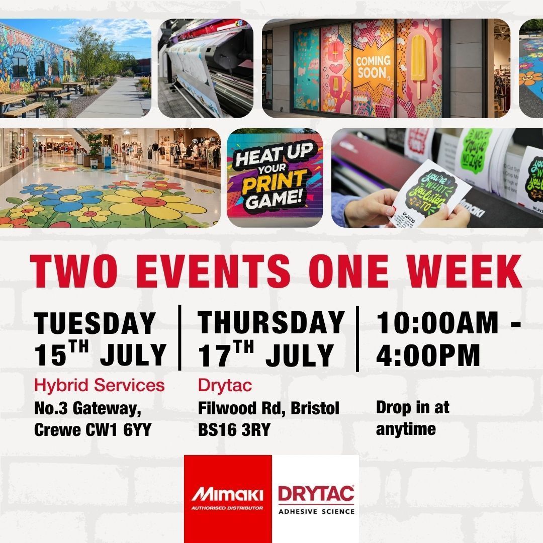 HybridServices's tweet image. 🚨 Two Events. One Week. 🚨

See the new Mimaki JV200, UV tech &amp;amp; print-then-cut in action!

📍 15 Jul – Crewe
📍 17 Jul – Bristol (incl. Drytac factory tour)

🖱️ Register: buff.ly/BickPYb

#Mimaki #Drytac #PrintEvent #Signage #UVPrinting #Signs