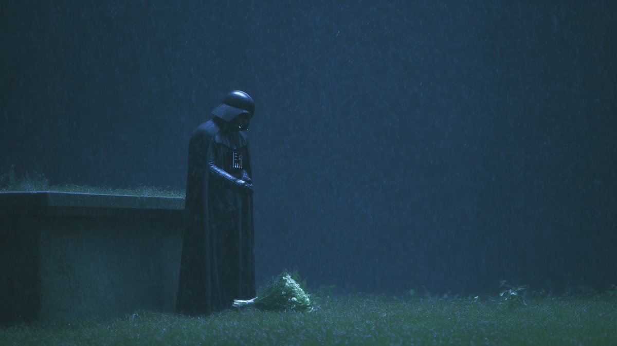 #midjourney #AIart 

Prompt :A poignant and somber scene of Darth Vader at the tomb of Padmé Amidala, his gloved hand resting on the cold stone, a small bouquet of faded flowers lies at the base, in a heavy downpour of rain, cinematic painterly style, melancholic and regretful