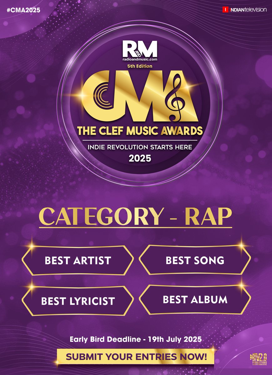 Indiantelevision.com (@itvnewz) on Twitter photo Calling out all the Rappers! Explore the Rap Categories for the 5th Edition of The Clef Music Awards 2025! <a href="/radioandmusic/">RadioandMusic.com</a>
Early Bird Deadline - 19th July 2025
Submit Your Entries: events.indiantelevision.com/the-clef-musicā¦
For More Info: radioandmusic.com/clefmusicawardā¦
#CMA2025 Calling out all the Rappers! Explore the Rap Categories for the 5th Edition of The Clef Music Awards 2025! <a href="/radioandmusic/">RadioandMusic.com</a>
Early Bird Deadline - 19th July 2025
Submit Your Entries: events.indiantelevision.com/the-clef-musicā¦
For More Info: radioandmusic.com/clefmusicawardā¦
#CMA2025
