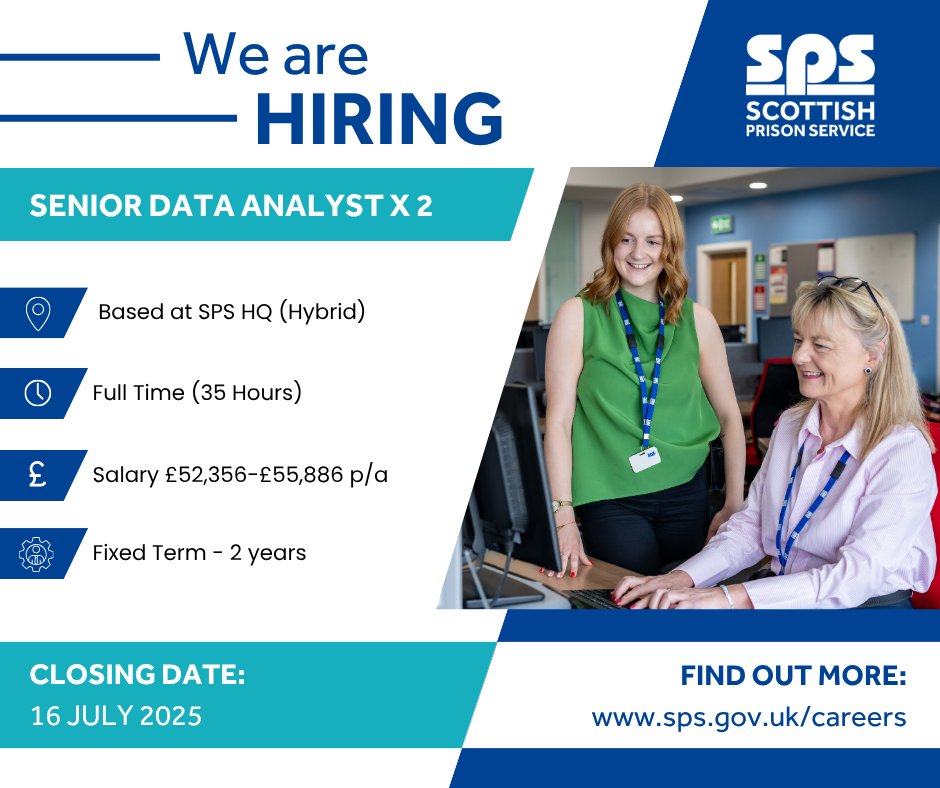 scottishprisons's tweet image. We’re recruiting for two Senior Data Analysts to join our team at SPS Headquarters.
🕐 Full Time (35 hours)
💷 Salary £52,356 - £55,886 p/a
📆 Closing date 16 July 2025
For more information or to apply visit: sps.gov.uk/careers