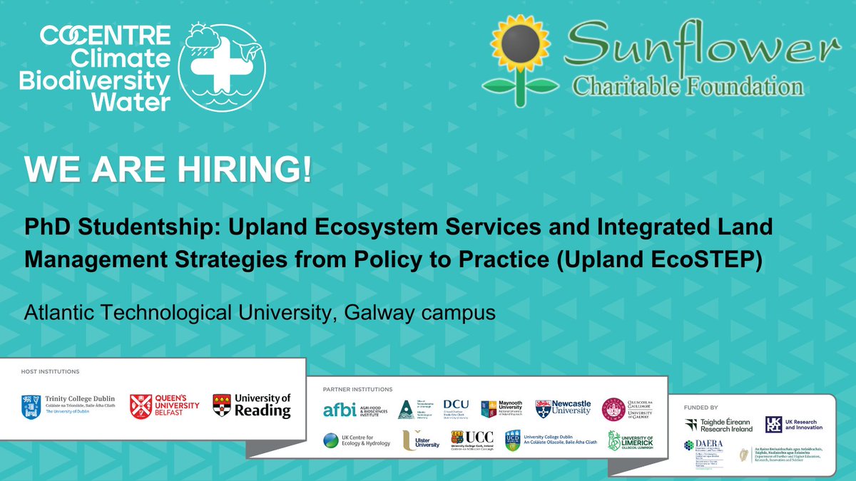 Co-Centre for Climate + Biodiversity + Water (@climatecocentre) on Twitter photo šØ PhD Opportunity: Upland Ecosystem Services & Land Management
Fully funded 4-year PhD <a href="/atu_ie/">Atlantic Technological University</a>
Stipend: ā¬25,000/year + fees + research costs
Start: Oct 2025
Apply by: July 25, 12pm
Email CV, transcript & 1-page statement to:
ResearchOffice.galwaymayo@atu.ie šØ PhD Opportunity: Upland Ecosystem Services & Land Management
Fully funded 4-year PhD <a href="/atu_ie/">Atlantic Technological University</a>
Stipend: ā¬25,000/year + fees + research costs
Start: Oct 2025
Apply by: July 25, 12pm
Email CV, transcript & 1-page statement to:
ResearchOffice.galwaymayo@atu.ie