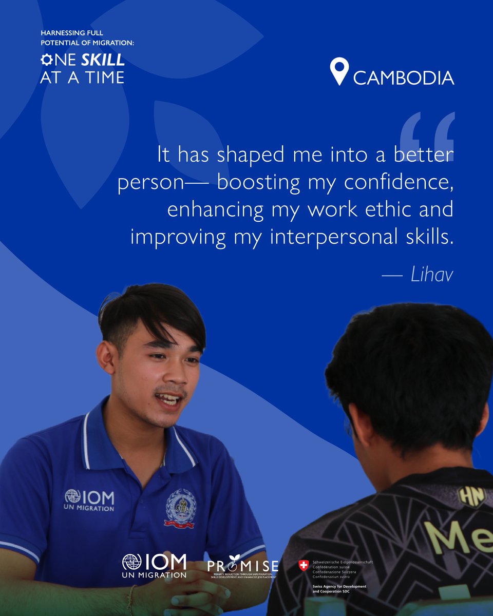 IOMAsiaPacific's tweet image. From a construction worker in Thailand 🇹🇭 to an admin volunteer in Cambodia 🇰🇭, Lihav&apos;s journey shows how skills training can change lives.​

Through #IOMPROMISE, he is now helping fellow migrants access training and follow their dreams.​
​
Read his story👉bit.ly/3TLTI8m