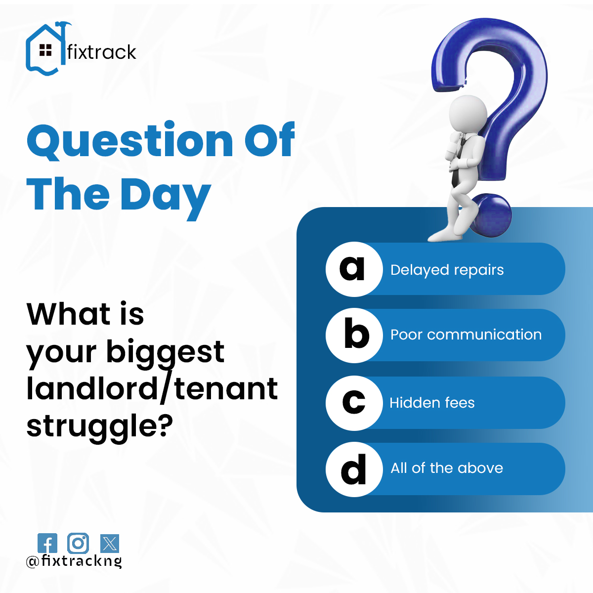 fixtrackng's tweet photo. At FixTrack, we’re building smarter solutions — and it starts with YOU

#FixTrack #PollFriday #FixDontStress #PropTech #RealEstateNigeria #NaijaRealEstate #LagosHomes #AbujaHomes #SmartLiving #ModernLiving #TenantTips #LandlordLife #SmartPropertyCare #today #fypシ https://t.co/cyUfY9CEWT